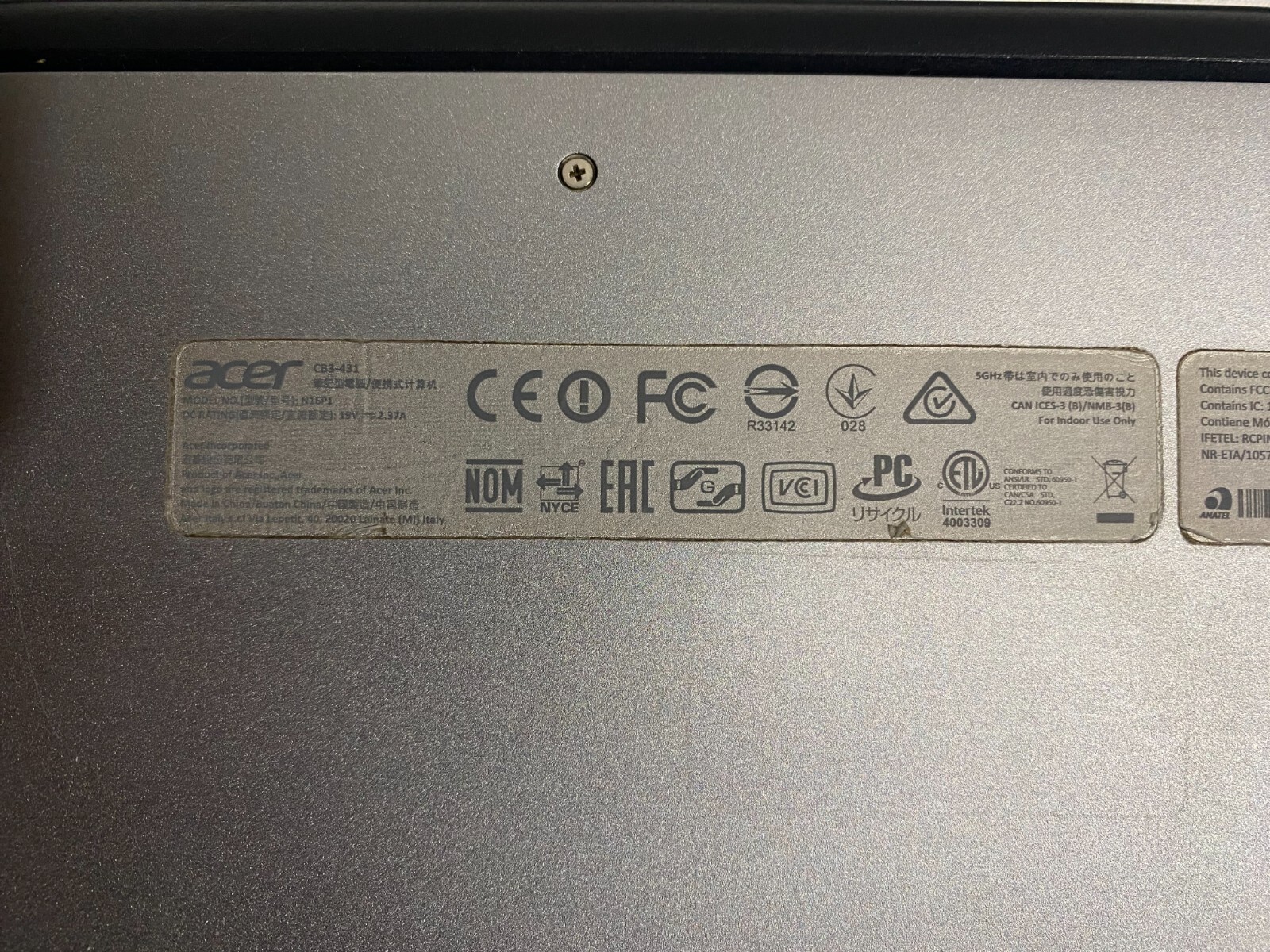 Acer Chromebook CB3-431-C7VZ (model: N16P1) reset to factory setting