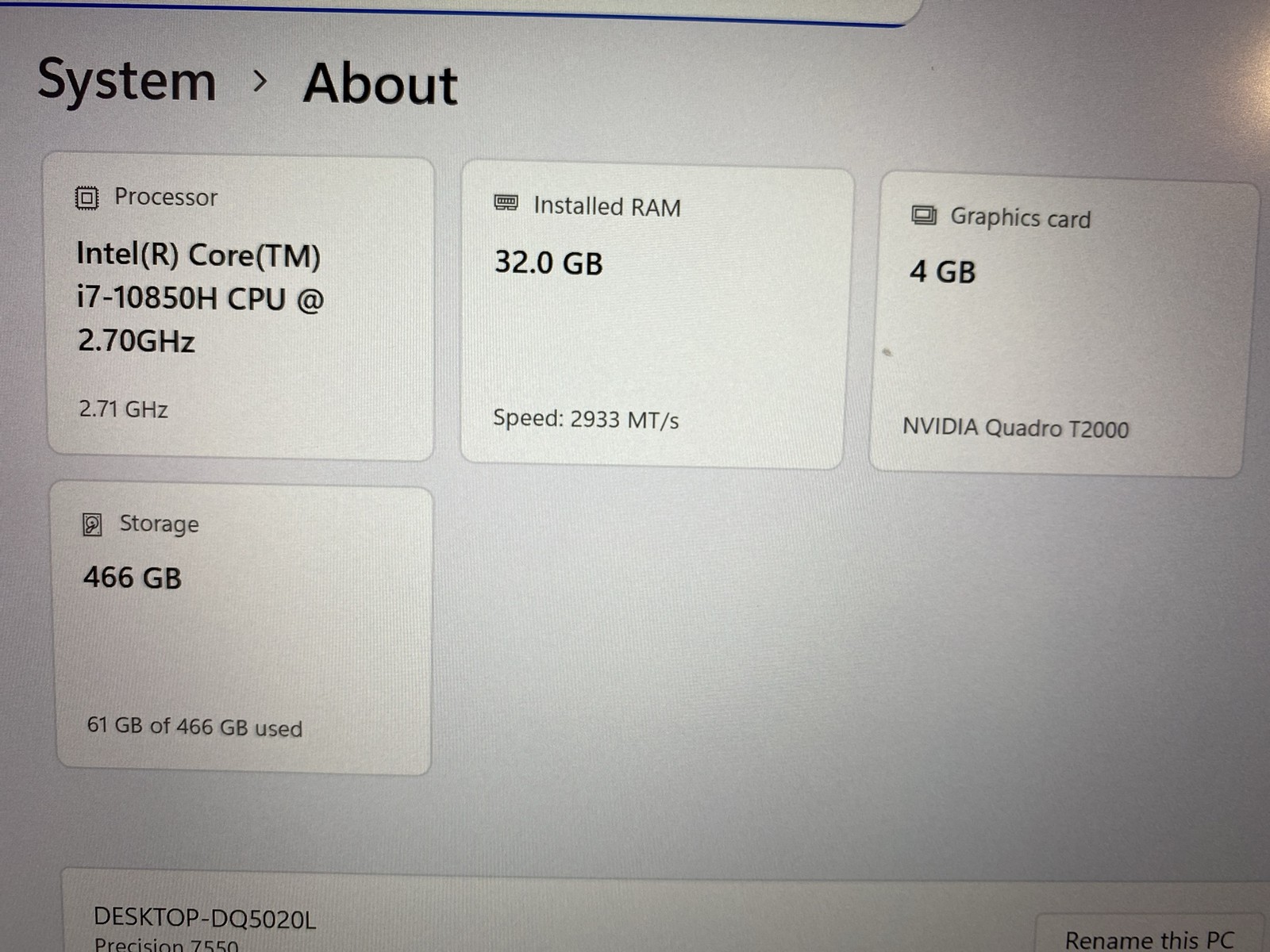 Dell Precision 7550 15.6 Intel i7-10850H 2.70GHz 32GB,500GB SSD Quadro T2000