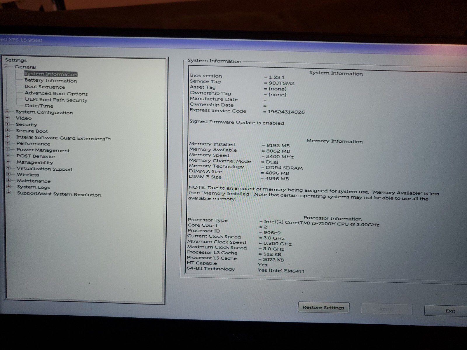 Dell XPS 15-9560 15″ Intel Core i3 7th gen 8Gb RAM 500GB, 32gb hd
