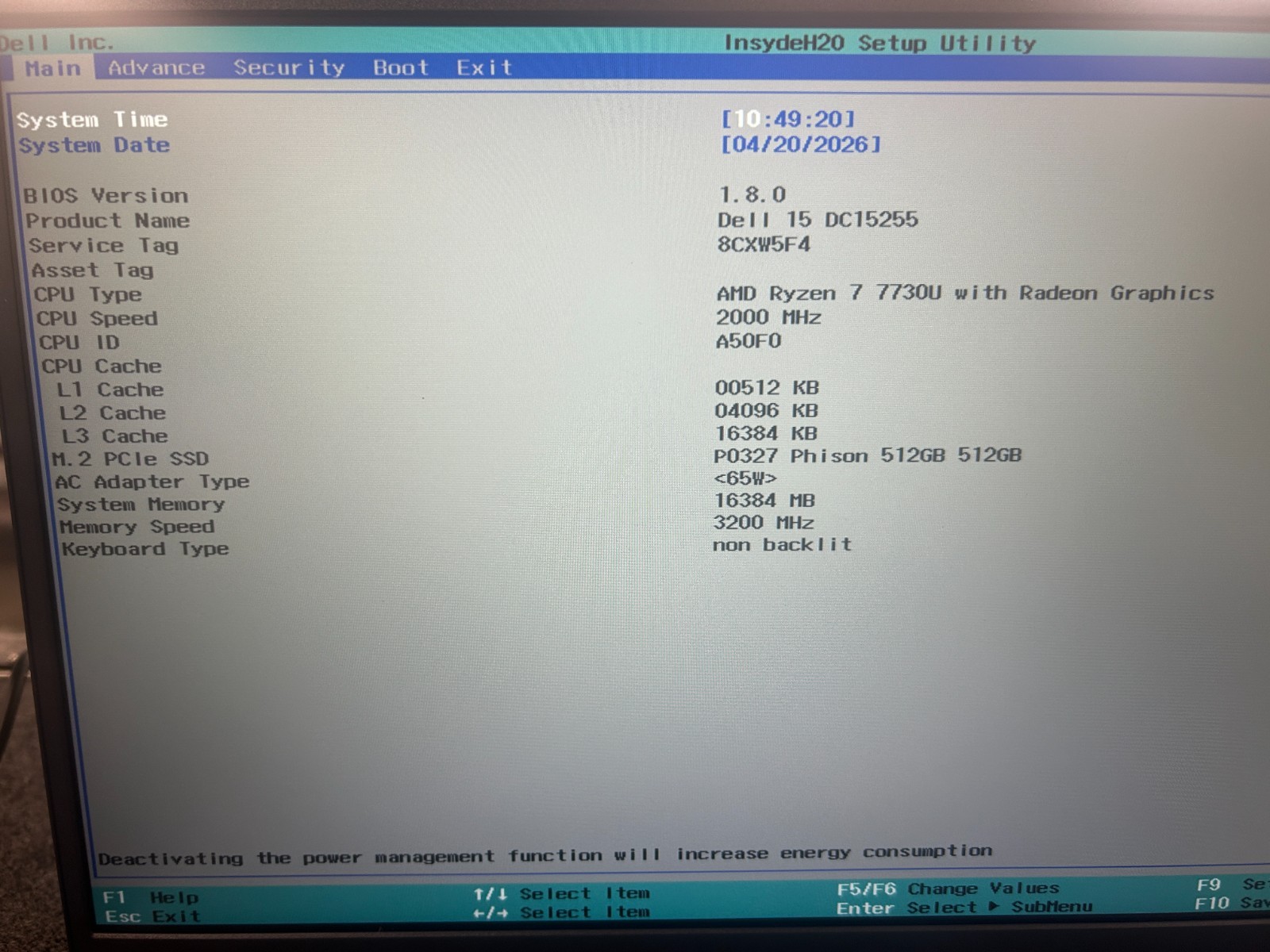 DELL 15 DC15255 G8MK9, AMD Ryzen 7 7730U, 2.00 GHz, 16 GB RAM 512, GB NVMe