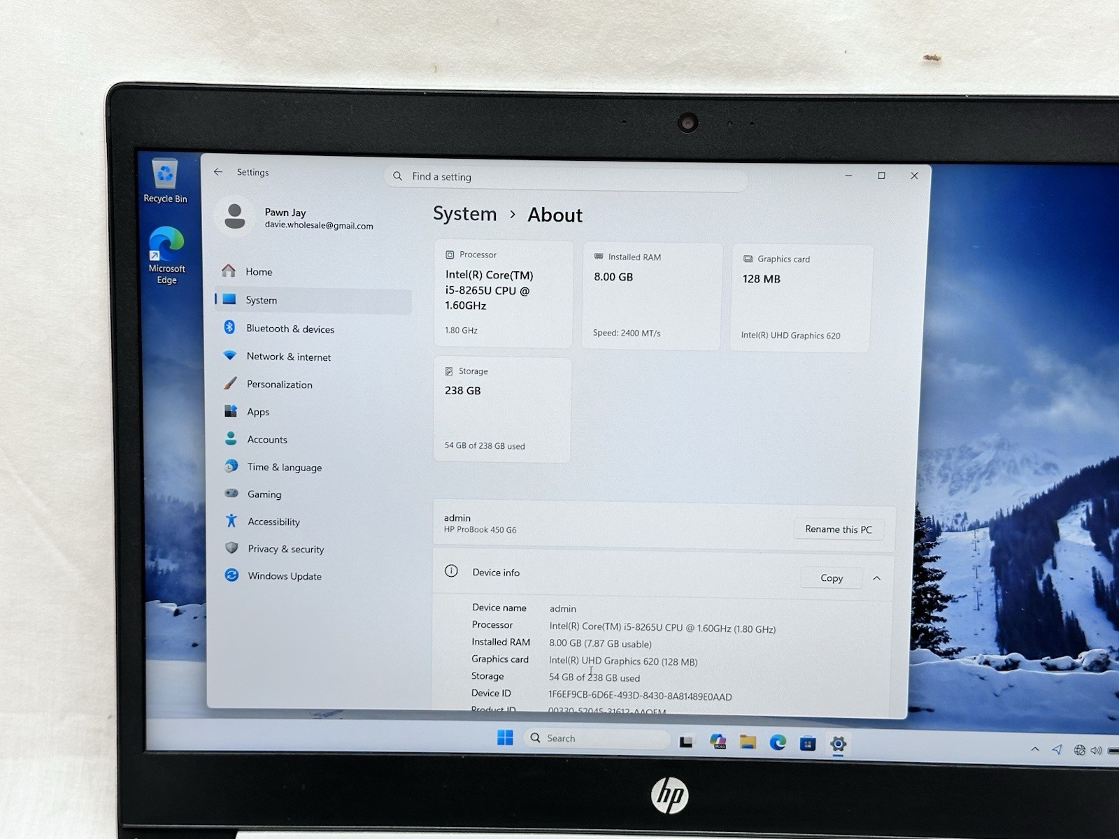 HP ProBook 450 G6 15.5″ Intel i5-8265u 1.60GHz 8GB RAM 256GB NVMe Windows 11 Pro