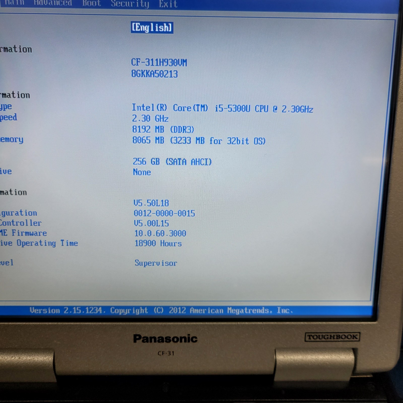 Panasonic Toughbook CF31 i5-5300U 2.30GHz 8GB RAM 256 SSD Windows 11 PRO