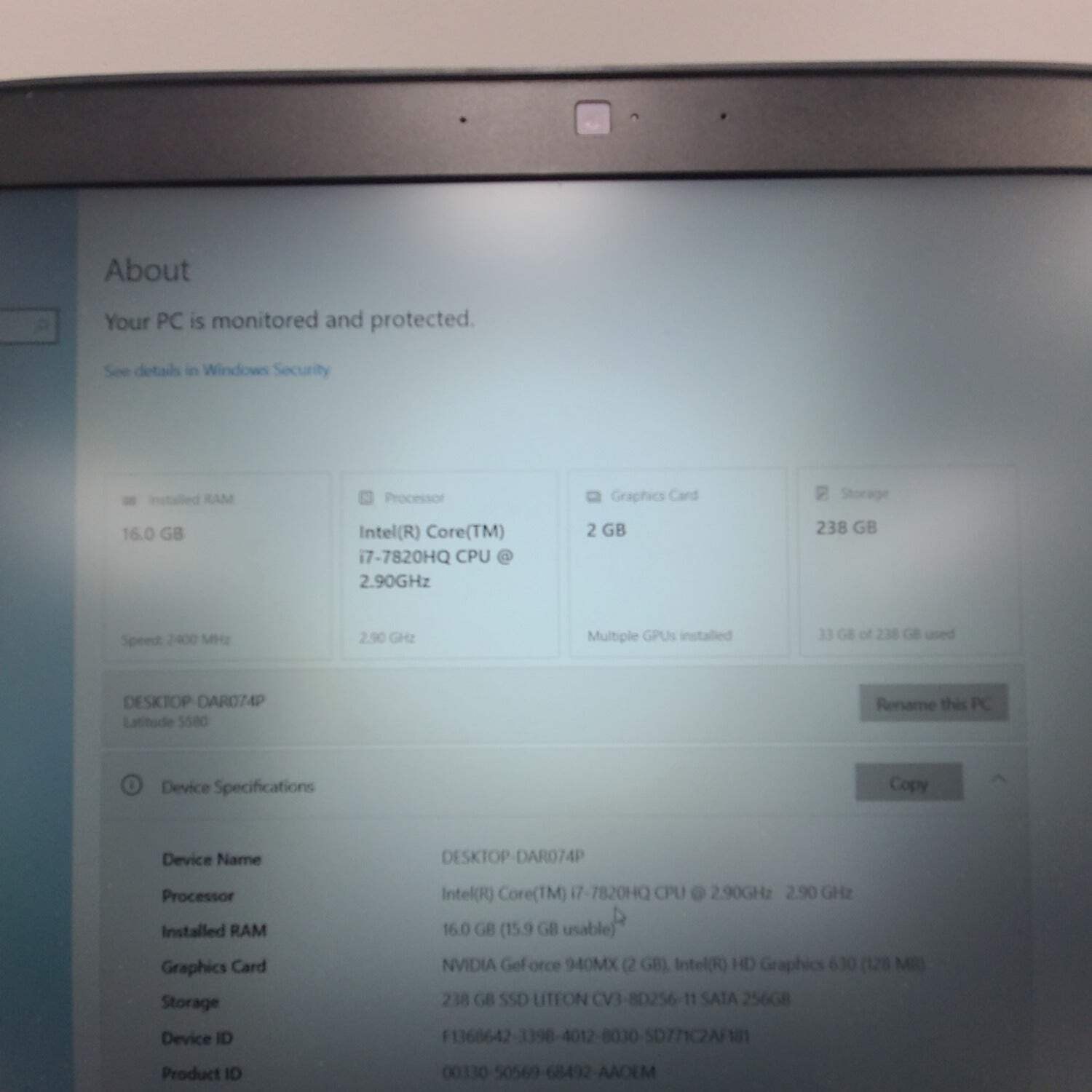 Dell Latitude 5580 15.6″ i7-7820HQ 2.9GHz 16GB RAM 256GB SSD GeForce 940MX
