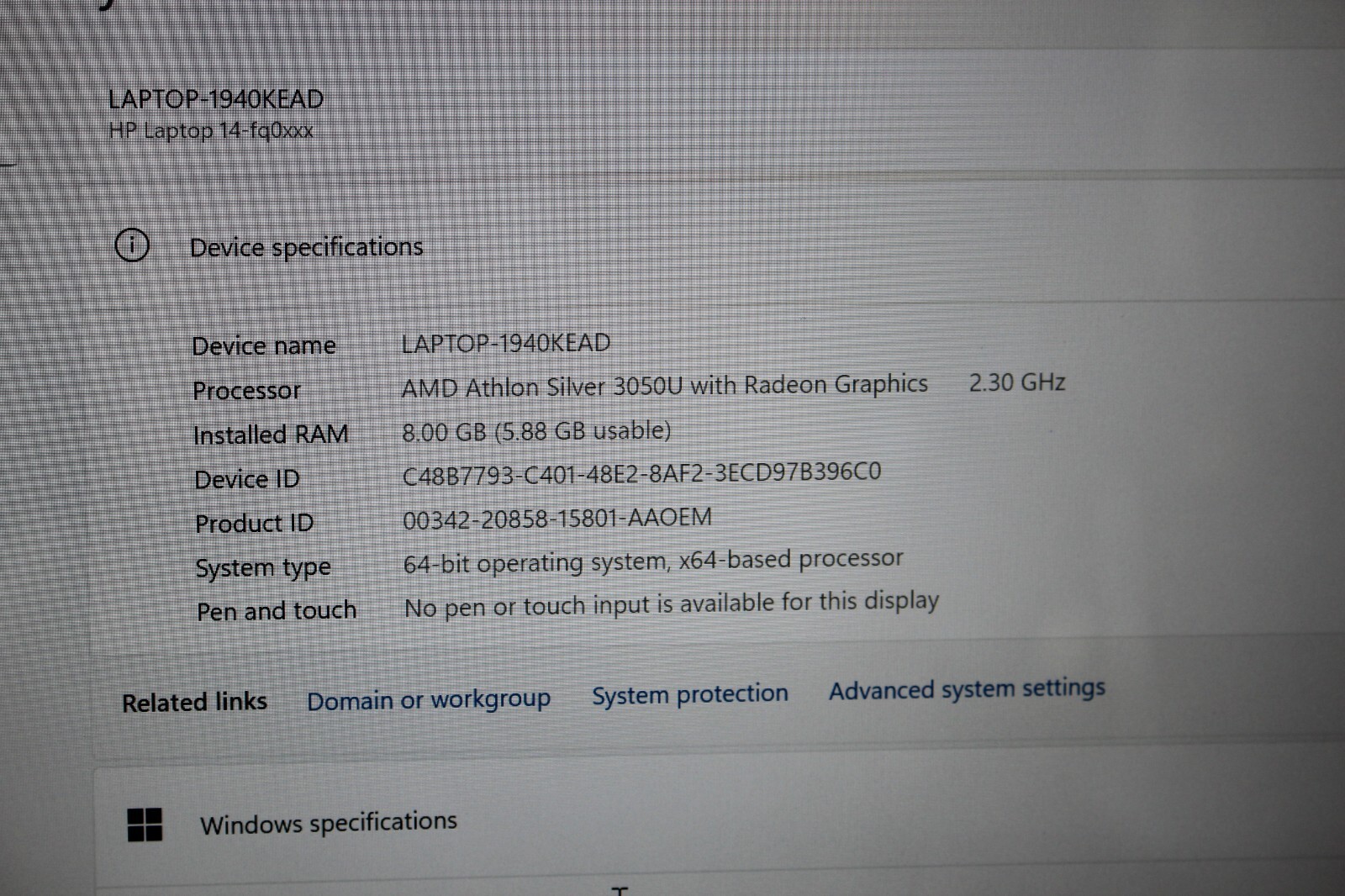 HP 14-fq0028ca AMD 3050U 2.3Ghz 8GB DDR4 256GB SSD 14″ Laptop – Silver