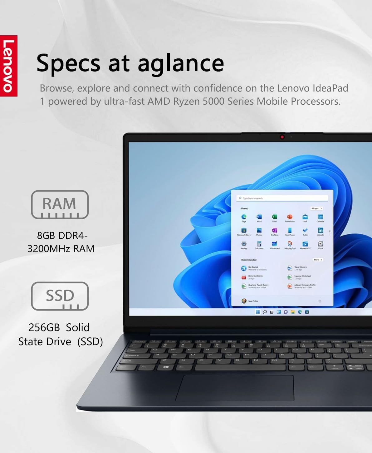 Lenovo IdeaPad 1 15.6 Full HD Touchscreen Laptop AMD Ryzen 5 7520U 8GB RAM 256GB