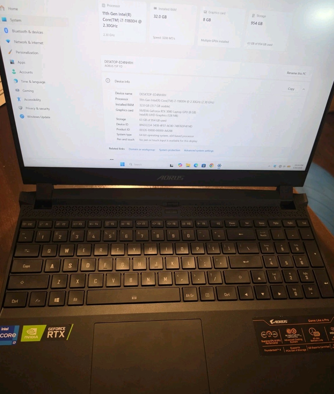 Gigabyte Aorus 15P Yd- 74Us244Sh 15.6 Inch Intel Core 17-11800H 2.3Ghz/ 32Gb Ddr