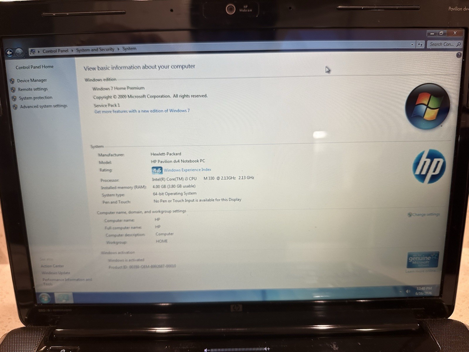 HP Pavilion dv4 Laptop Intel Core i3 14” Windows 7 Working w/ Charger
