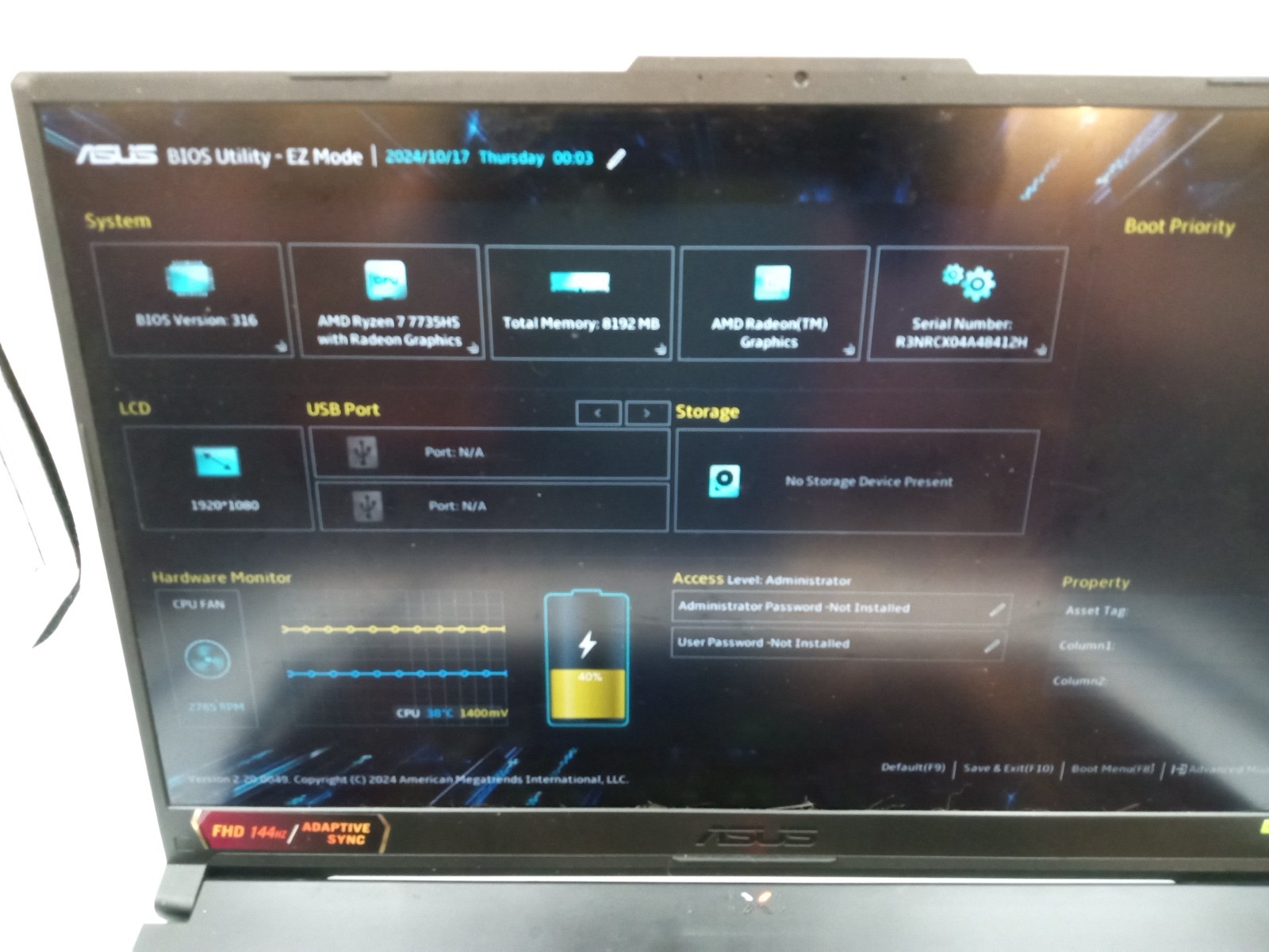 Asus TUF Gaming A17 FA707NU-DS74 17.3″ AMD Ryzen 7 7735HS RTX4050 -BOOTS -READ!!