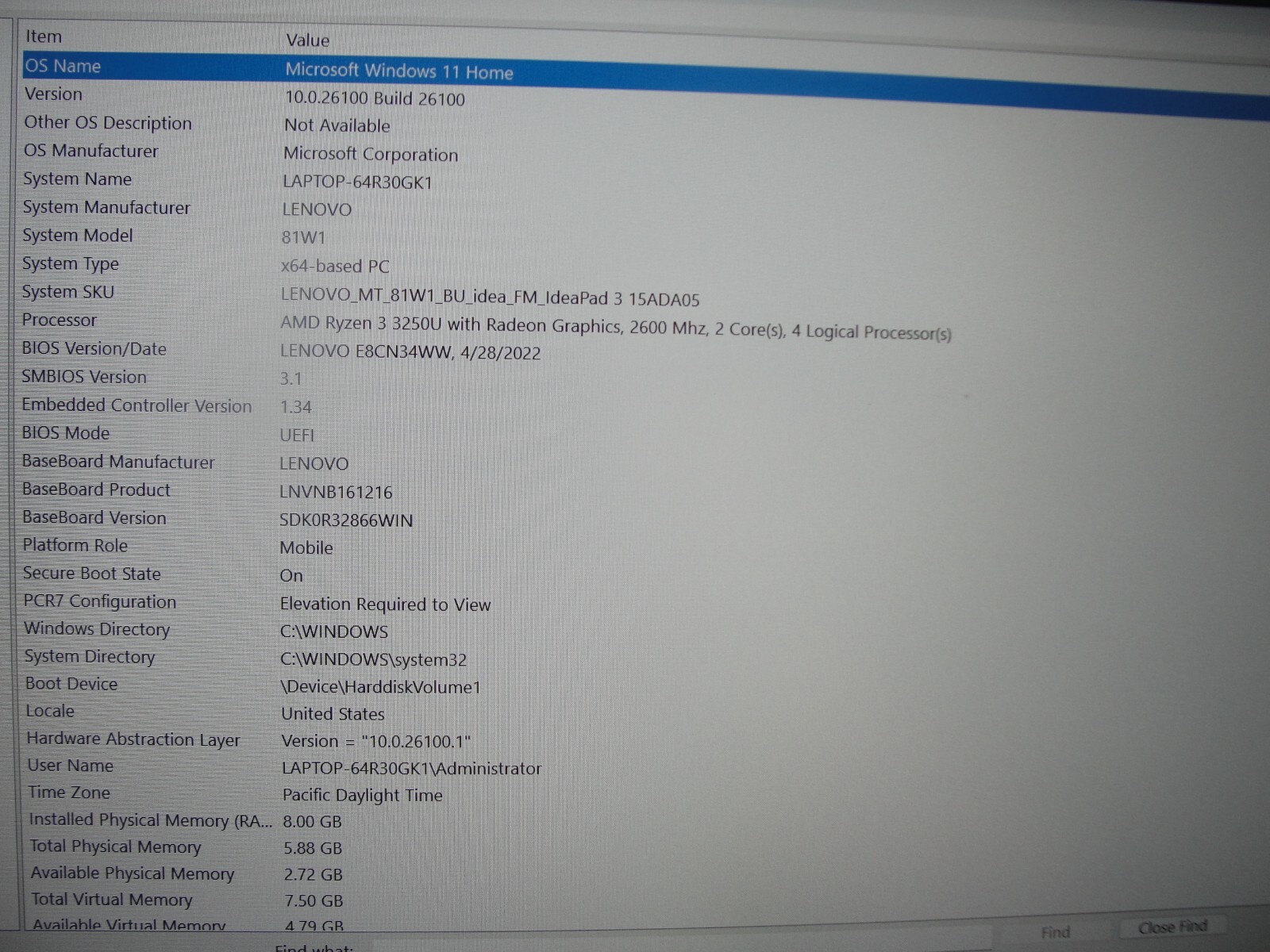 Lenovo IdeaPad 3 15ADA05 15.6” FHD AMD Ryzen 3 3250U 2.6GHz 8GB 128GB SSD