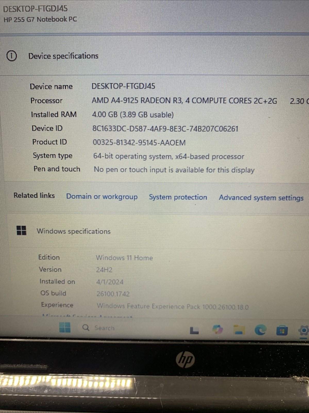 HP 255 G7 15.6″ AMD A4-9125 4GB RAM 500GB Gray Win11