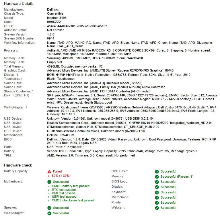 Dell Inspiron 3195, 63GB EMMC, AMD A9-9420e, Radeon R5, 4GB RAM, No OS/Adapter