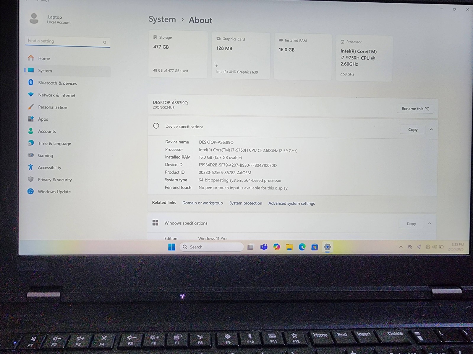 Lenovo Thinkpad P53 Intel i7-9750H 2.60GHz 16GB RAM 256GB SSD Windows 11 Pro*