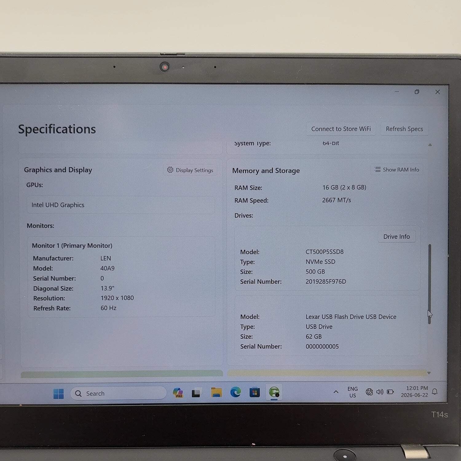 Lenovo ThinkPad T14 Gen 1 20T0CTO1WW 14″ i5-10210U 1.6GHz 16GB RAM 500GB SSD