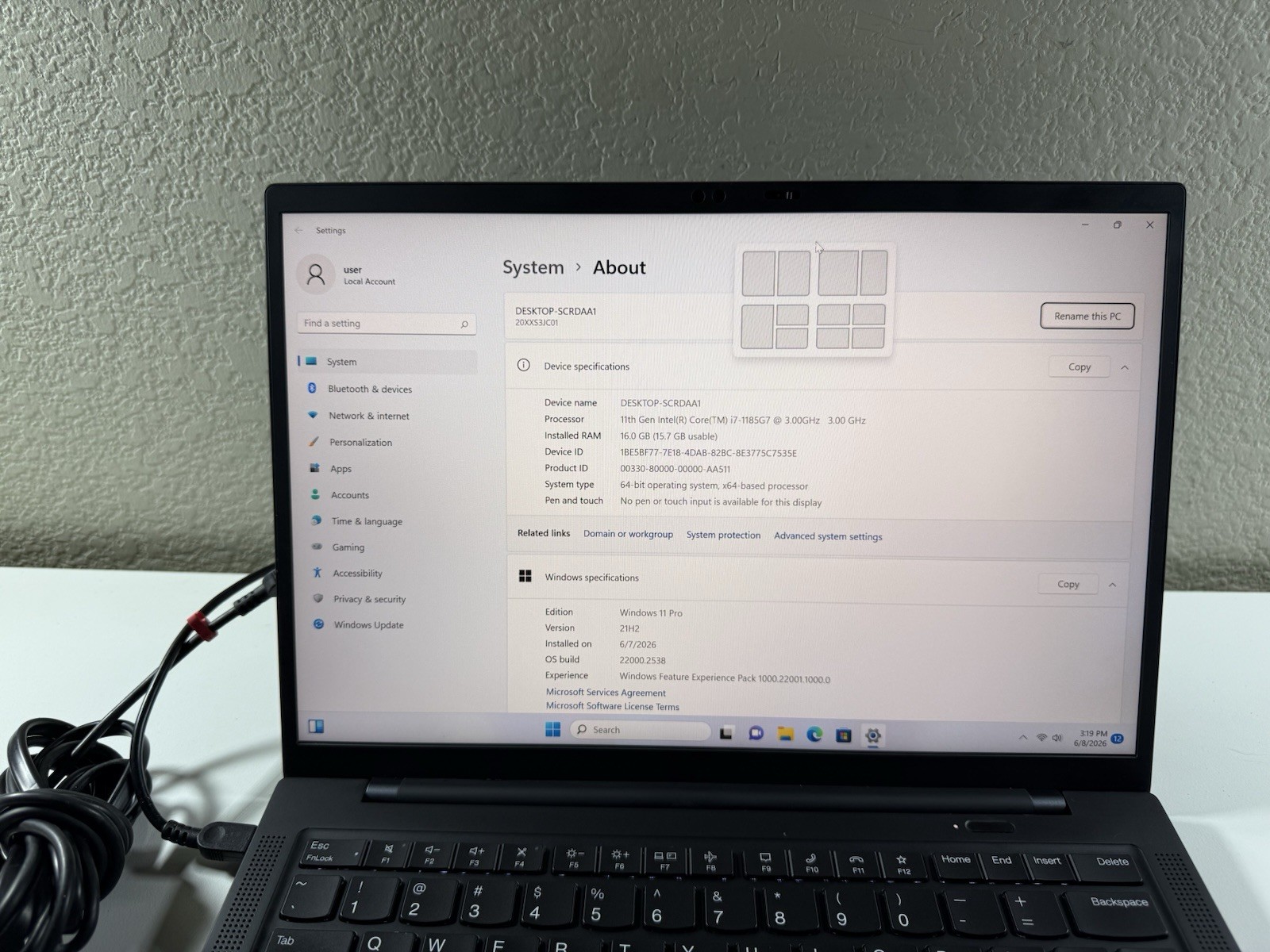 Lenovo ThinkPad X1 Carbon 9th Gen i7-1185G7 16GB DDR4 512GB NO BATTERY WIN 11