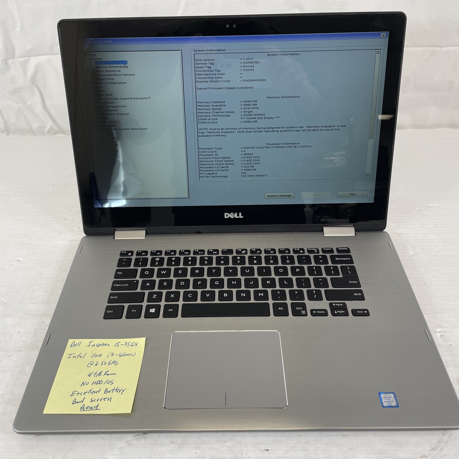 Dell Inspiron 15-7568 15.6” TOUCH Core i7-6500U 2.5GHz 4GB RAM No SSD/OS – READ