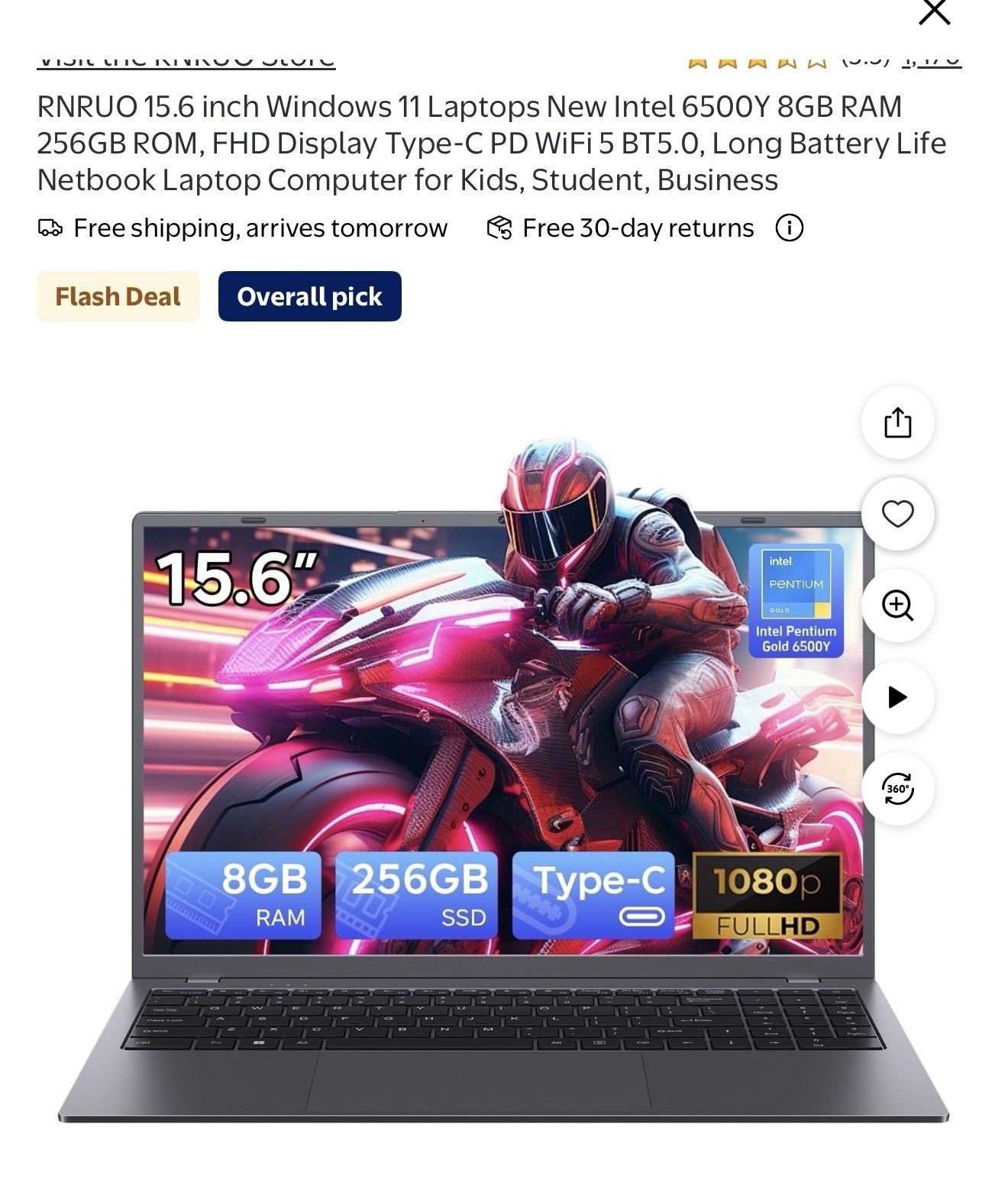 RNRUO 15.6″ FHD Windows 11 Laptop Pentium Gold 6500Y 8GB 256GB SSD USB-C
