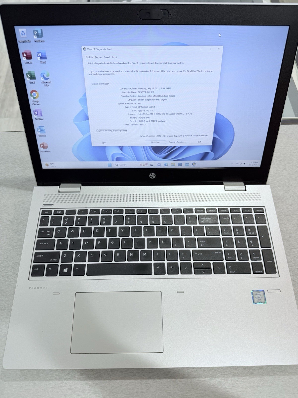 HP ProBook 650 G4 Core i5-8th@ 1.60 GHz 8GB Ram 256GB SSD Windows 11 Pro