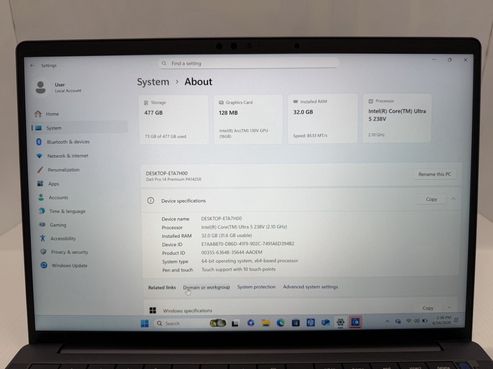 Dell Pro 14 Premium Intel Ultra 5 238V @ 2.10GHz 16GB RAM 512GB SSD Win 11 2025