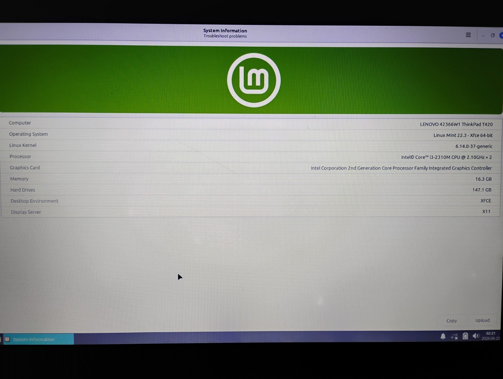 Lenovo T420i Laptop: i3-2130M, 16GB Ram, 128GB SSD, Webcam, Linux Mint
