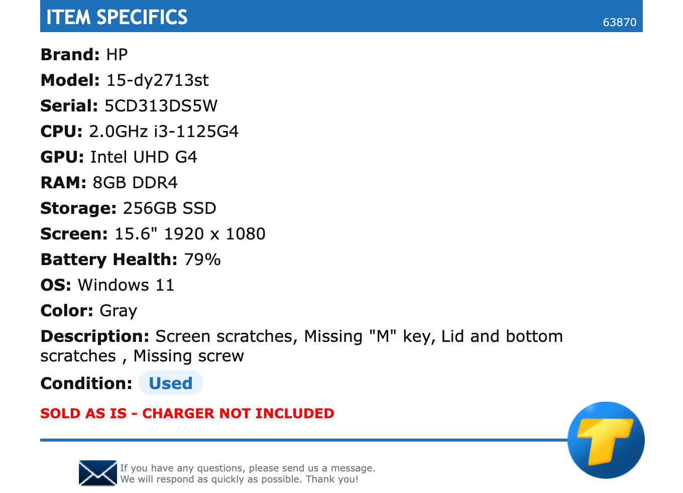 HP 15-dy2713st – 15.6″ FHD, 2.0GHz i3, 8GB RAM, 256GB SSD, Windows 11