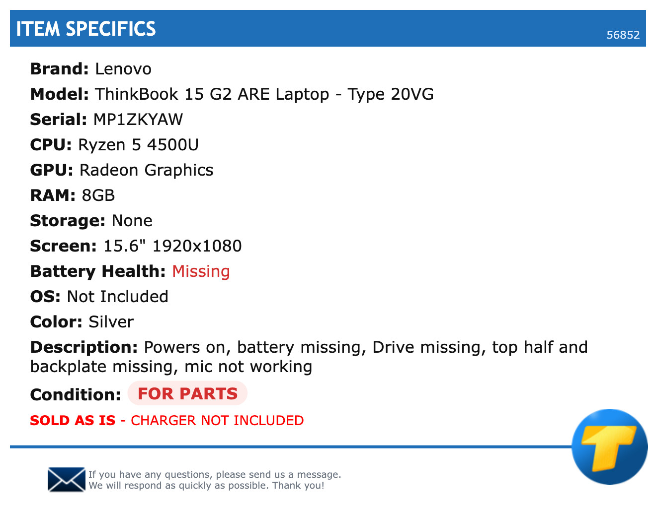 FOR PARTS: Lenovo ThinkBook 15 G2 ARE Laptop – Type 20VG – 15.6″ FHD, Ryzen 5