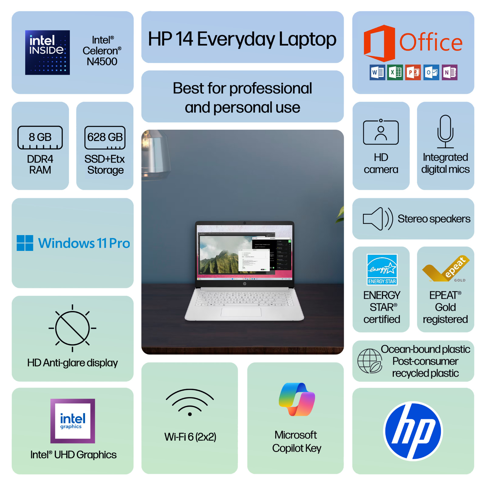 HP Laptop Computer 14 Intel CPU 8GB RAM & 628GB Storage Office 2024 – Open Box