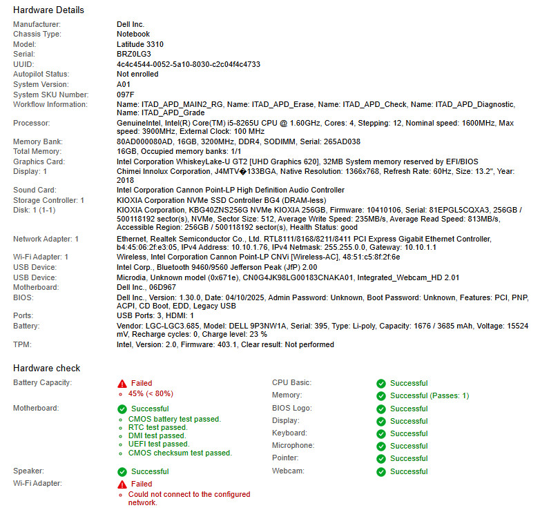 Dell Latitude 3310, i5-8265U CPU, @ 1.60GHz, 16GB RAM, 256GB NVMe-No OS/Adapter