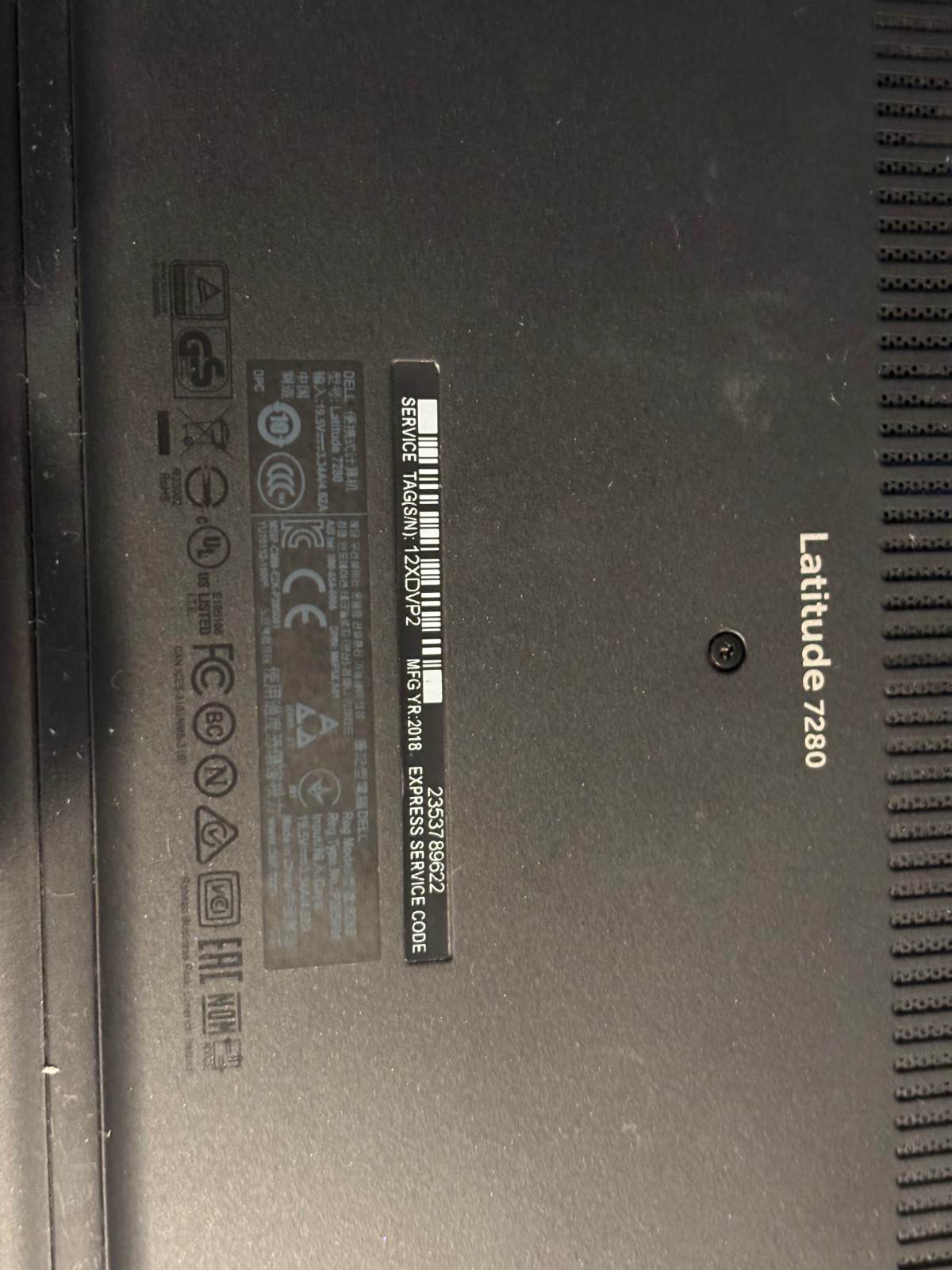 DELL LATITUDE 7280 INTEL CORE I7-7600U 2.80GHZ 16GB RAM NO HD NO CHARGER