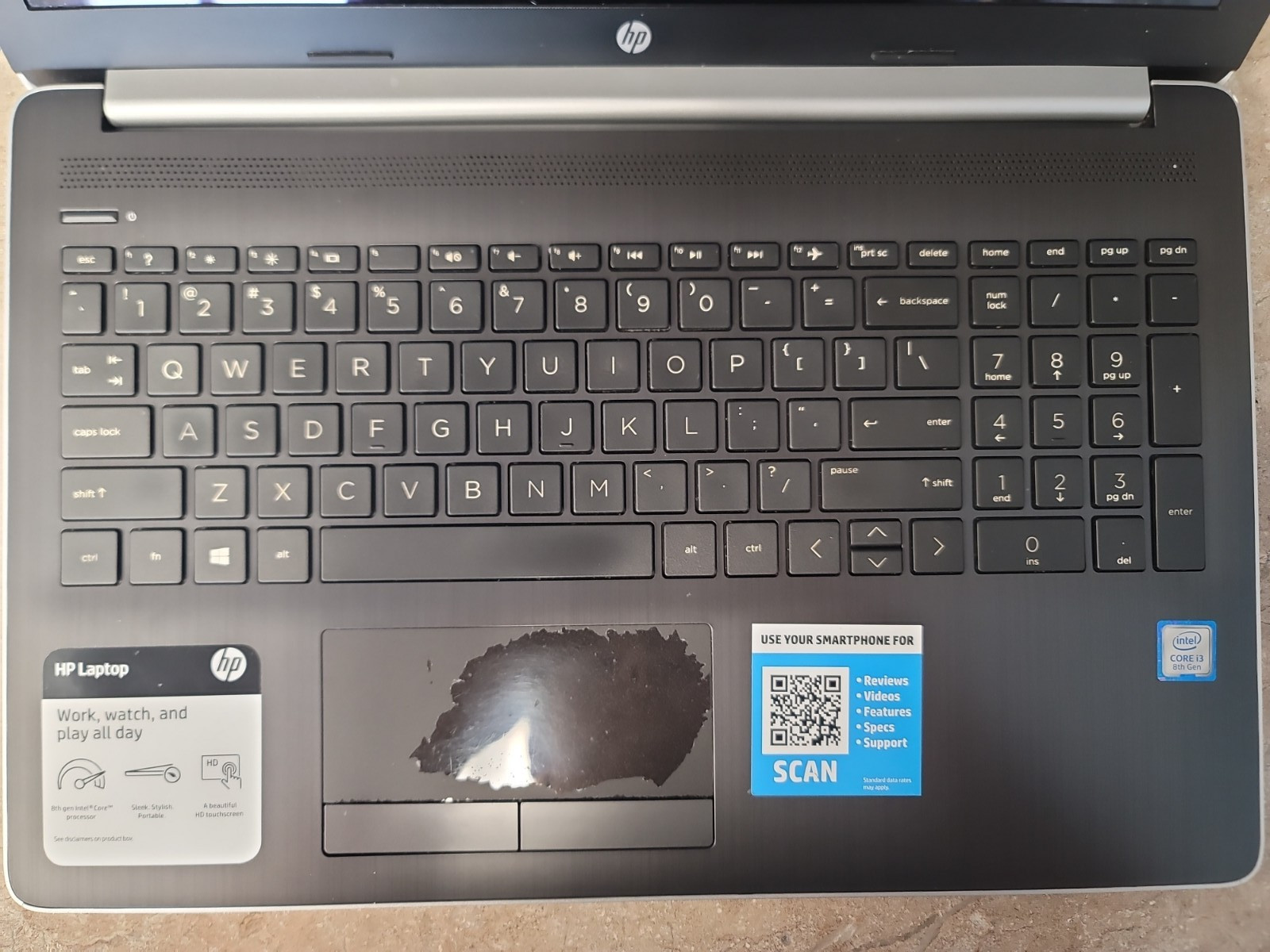 HP Laptop 15-da0xxx, Intel i3-8130U, 8gb RAM, 15.6″, no HDD, Working, As Is