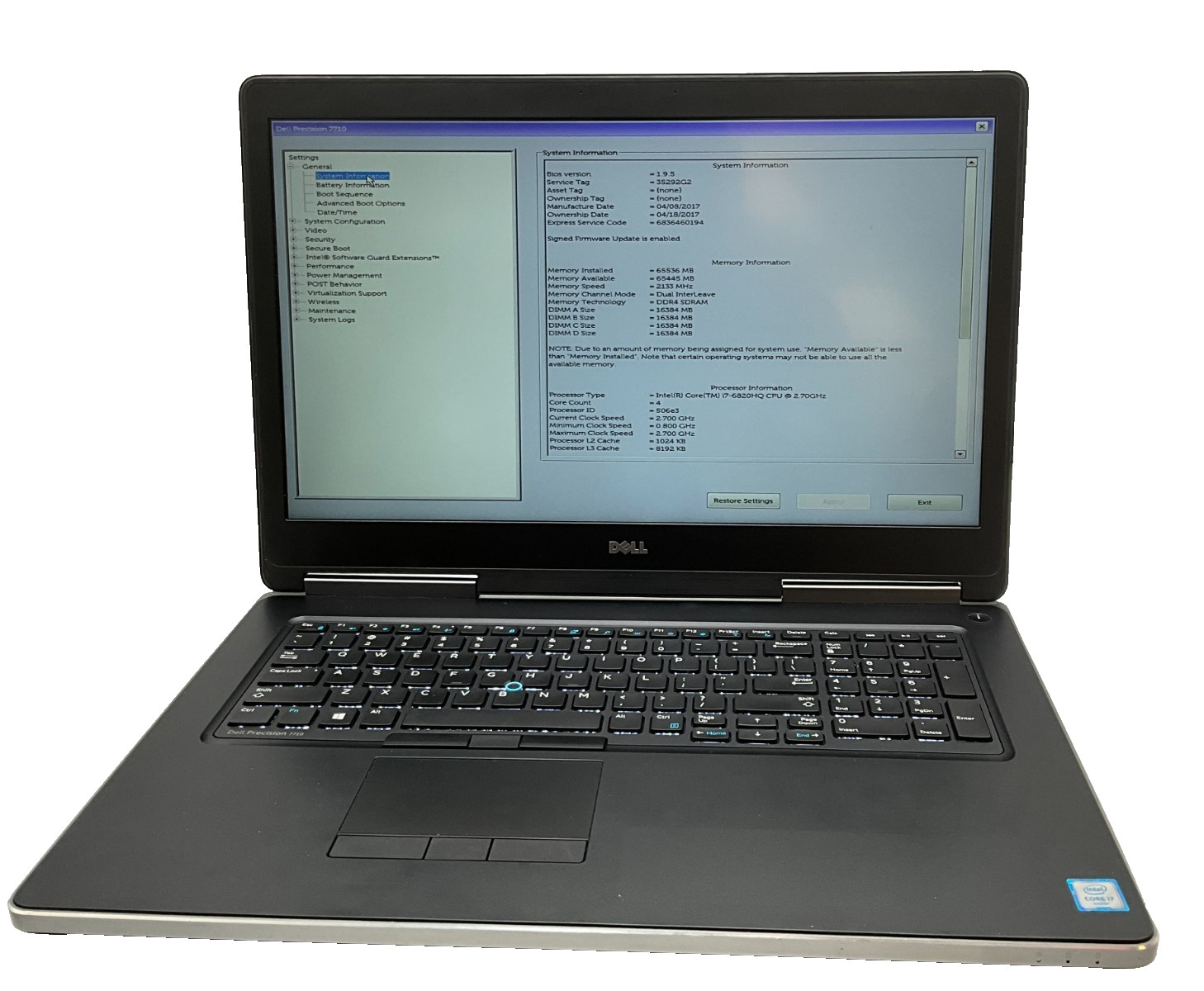 DELL Precision 7710 17.3″ i7-6820HQ 64gb 1tb/512gb M5000M Laptop 35292G2 no OS