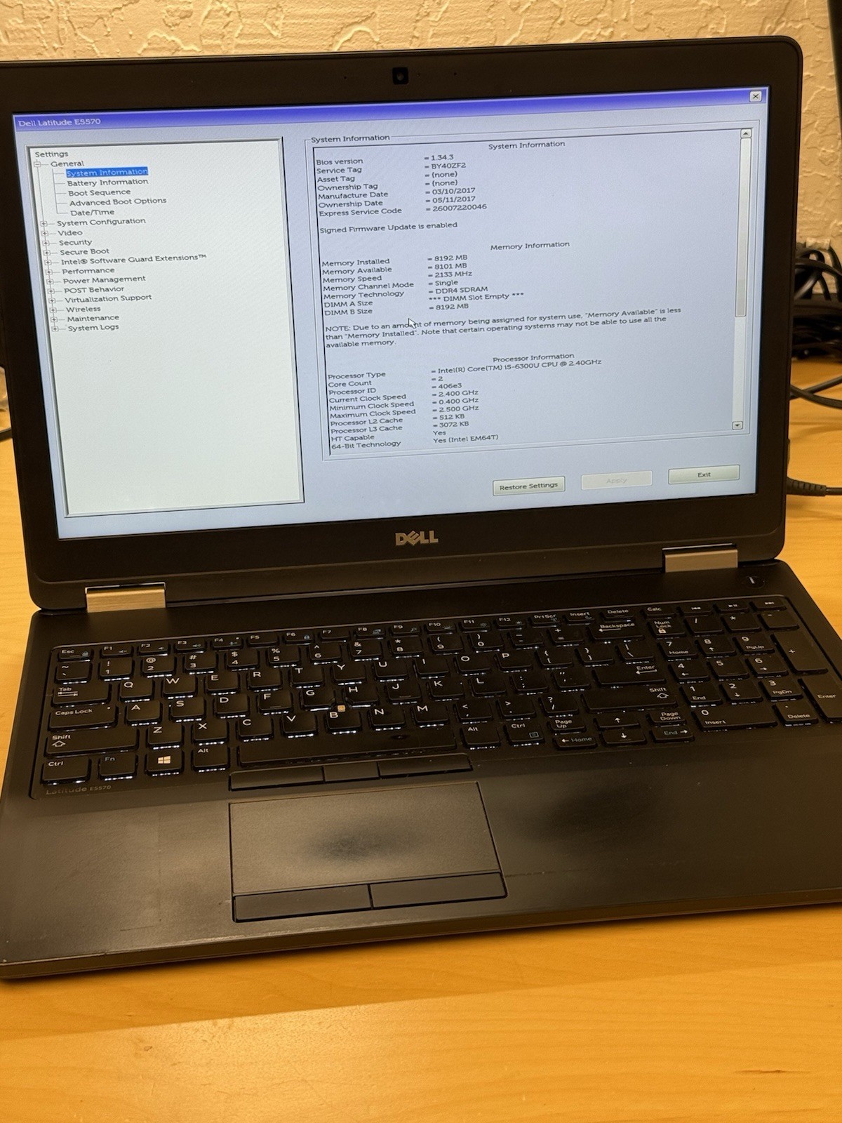 DELL LATITUDE E5570 INTEL CORE I5-6300U 2.40 GHz 8GB RAM NO HDD / BATT – READ