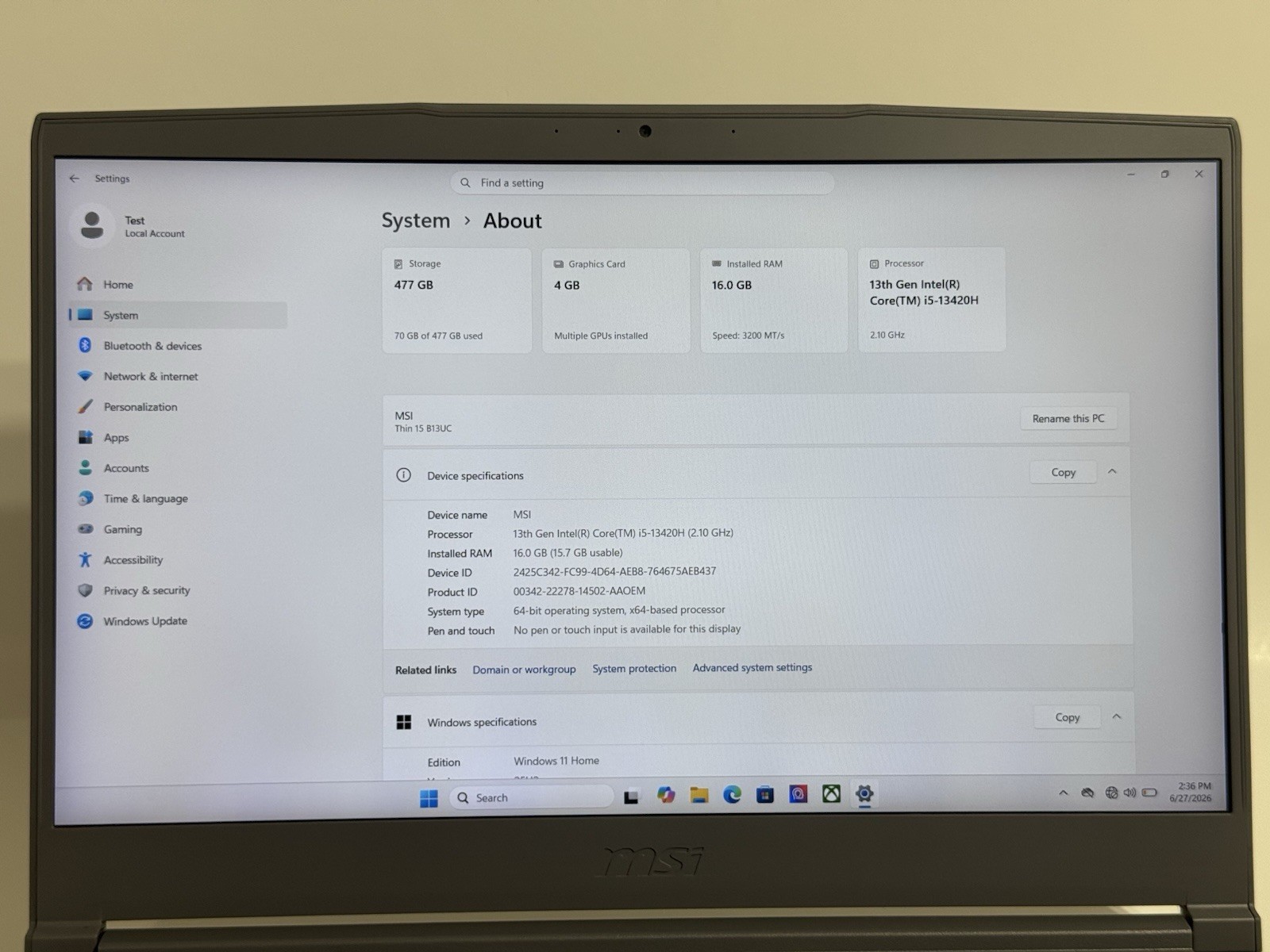 MSI Thin 15 B13UC 15.6″ 144Hz i5-13420H 16GB RAM 512GB SSD GeForce RTX 3050