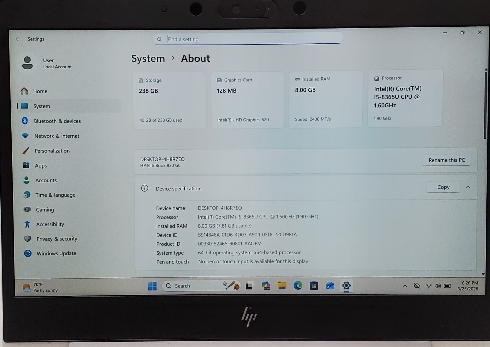 HP EliteBook 830 G6 Core i5-8365U @ 1.60GHz 8GB RAM 256GB SSD Windows 11 Pro