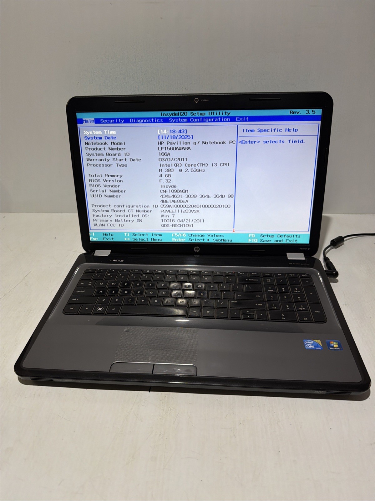 Hp Pavilion G7 17″ Laptop i3-M380 4gb Ram NO Drives Boots Bios No P/S