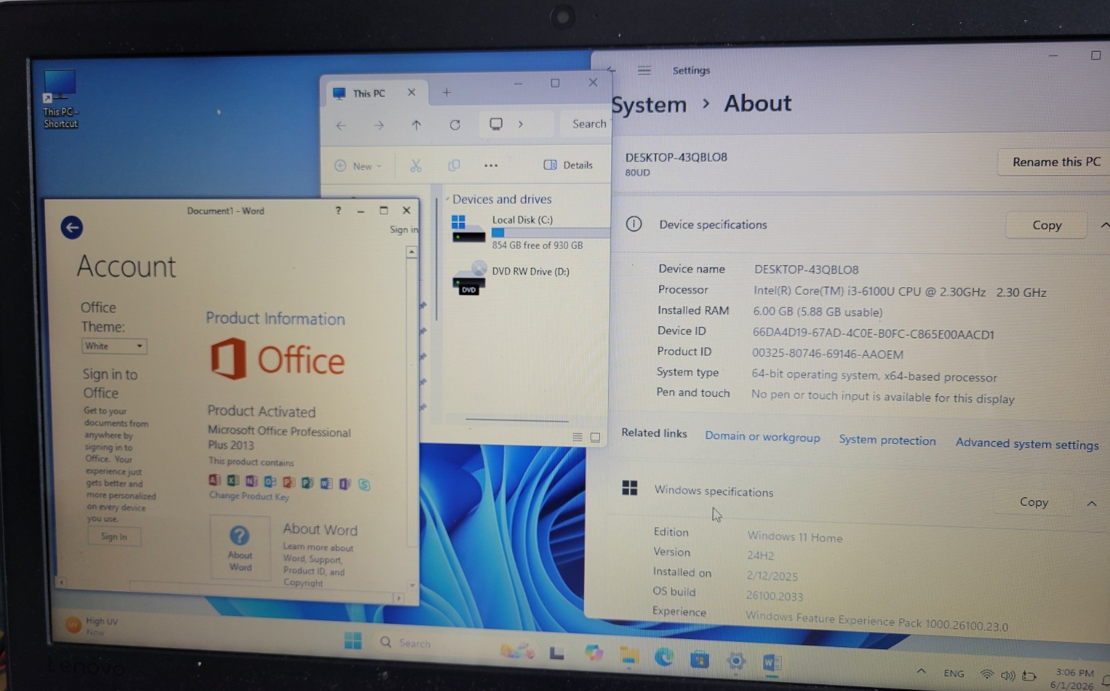 Lenovo IdeaPad 110-15ISK Laptop i3 6 GB RAM 1 TB HDD Windows 11 office 2013 bonu