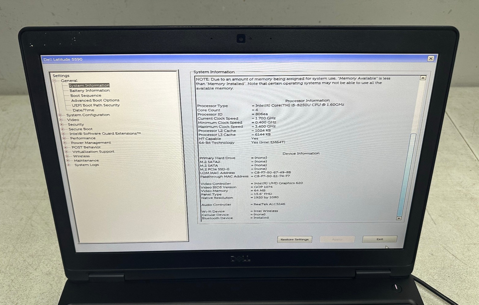 Dell Latitude 5590 15.6 FHD (i5-8250U, 16GB RAM, Boot To Bio) NO HD/BATT/ADAPTER