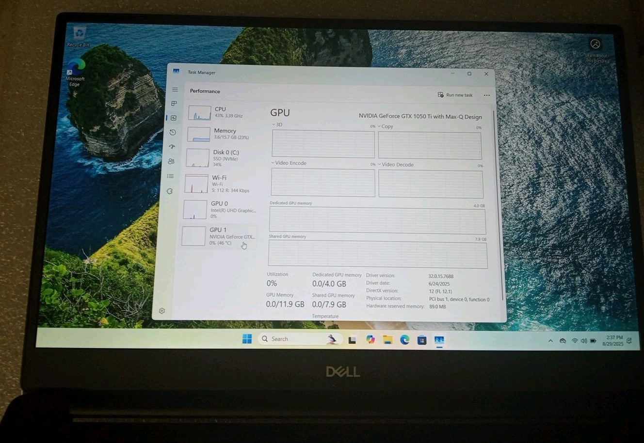 Dell XPS 15 9570 15″ FHD I7-8750H 512GBSSD 16GB W11P GeForce GTX 1050 Ti Backlit