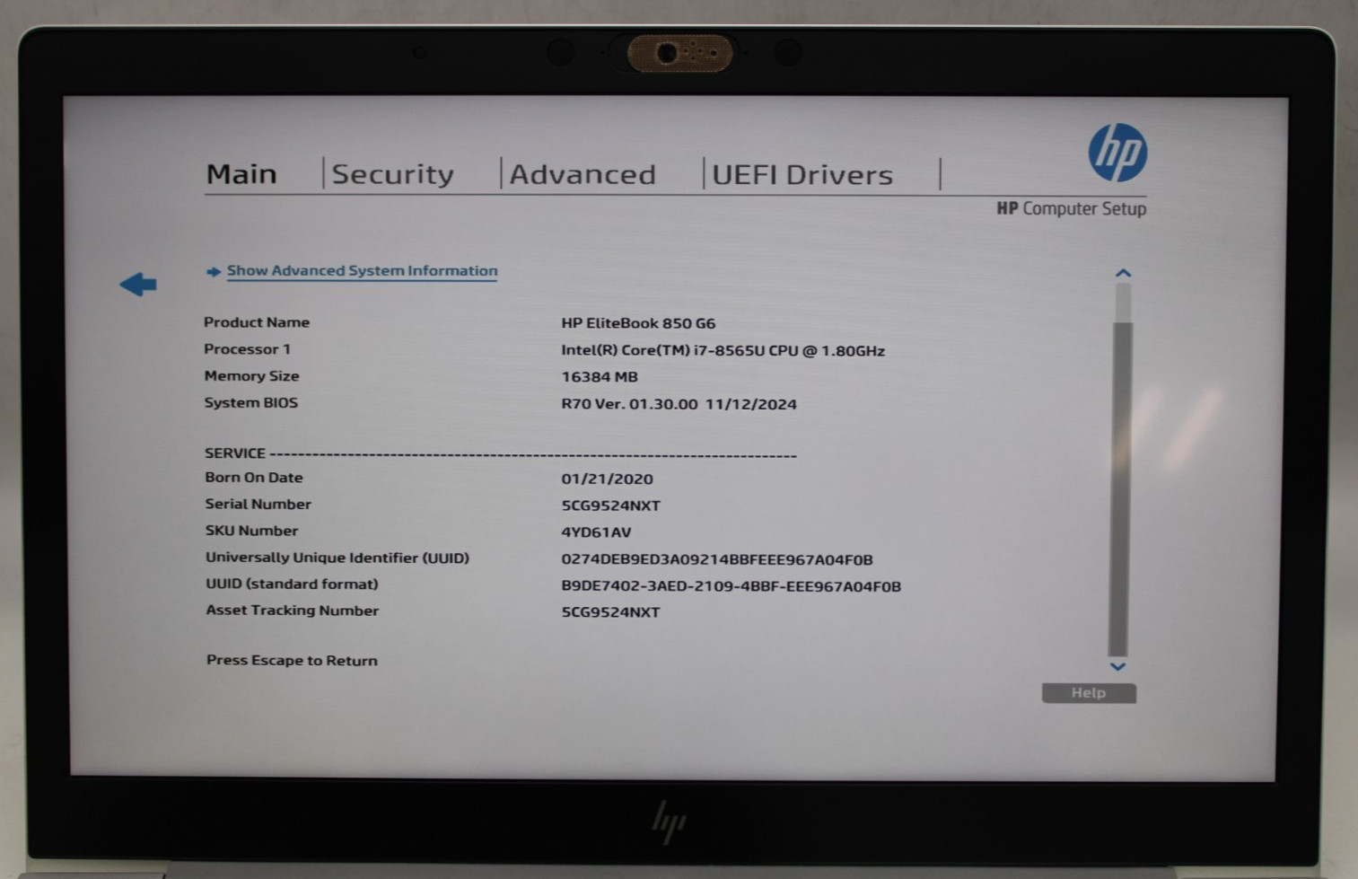HP EliteBook 850 G6-i7-8565U@1.8GHz-16GB DDR4-NO STORAGE OR OS *USED/TESTED*