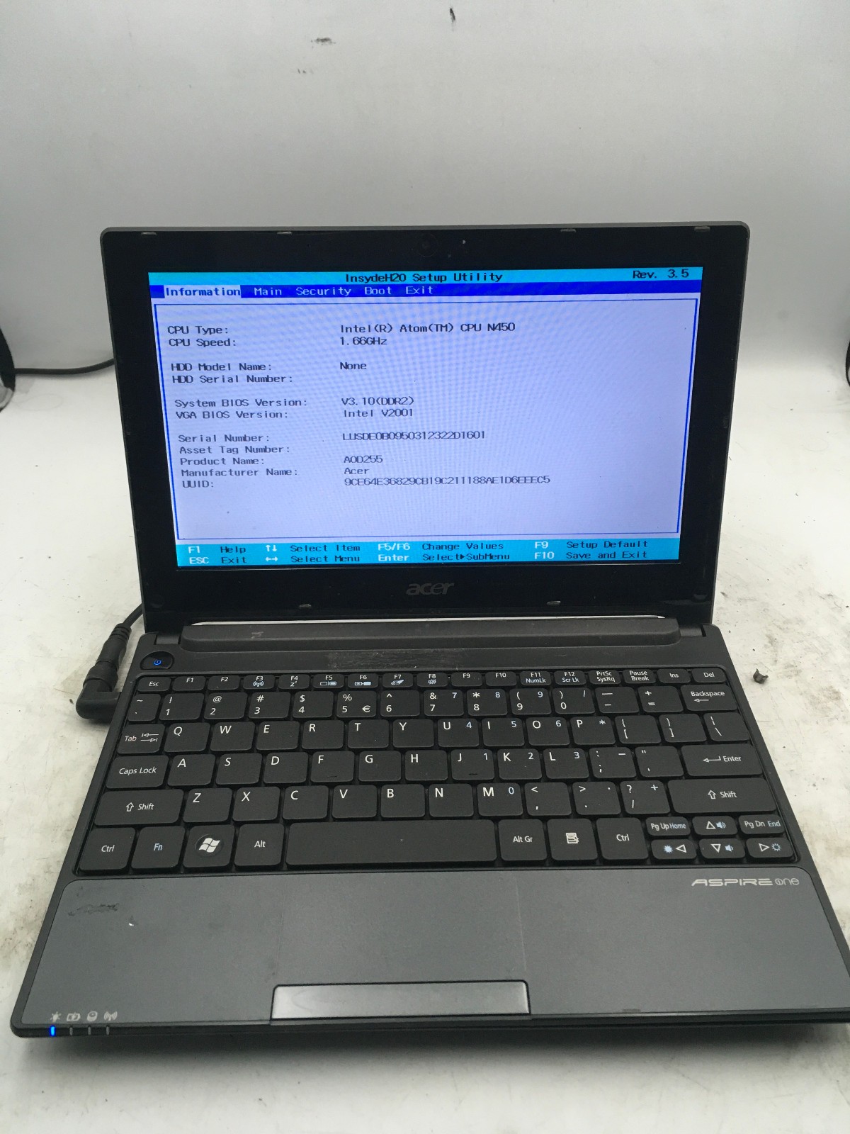 ACER ASPIRE ONE PAV70 – BOOTS TO BIOS – INTEL ATOM N450 – 1GB RAM -READ DESC- BB