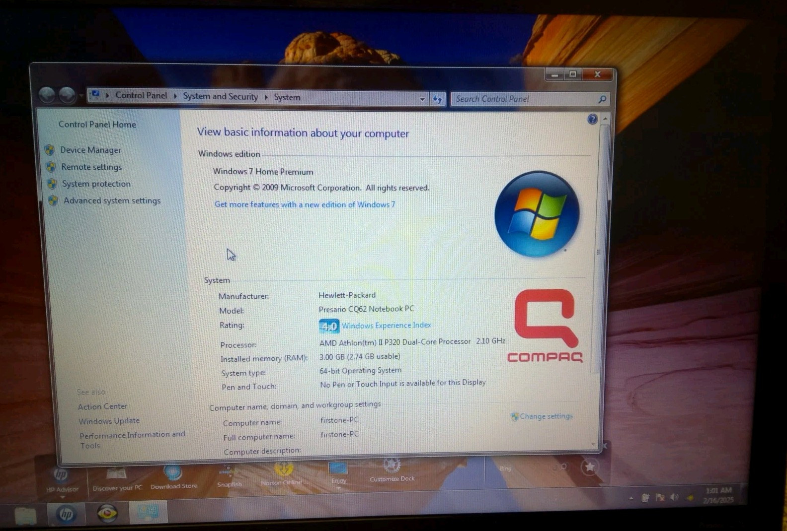 Compaq Presario CQ62-220 AMD Athlon II Dual Core 2.1Ghz 320GBHdd 3GB Ram Win7