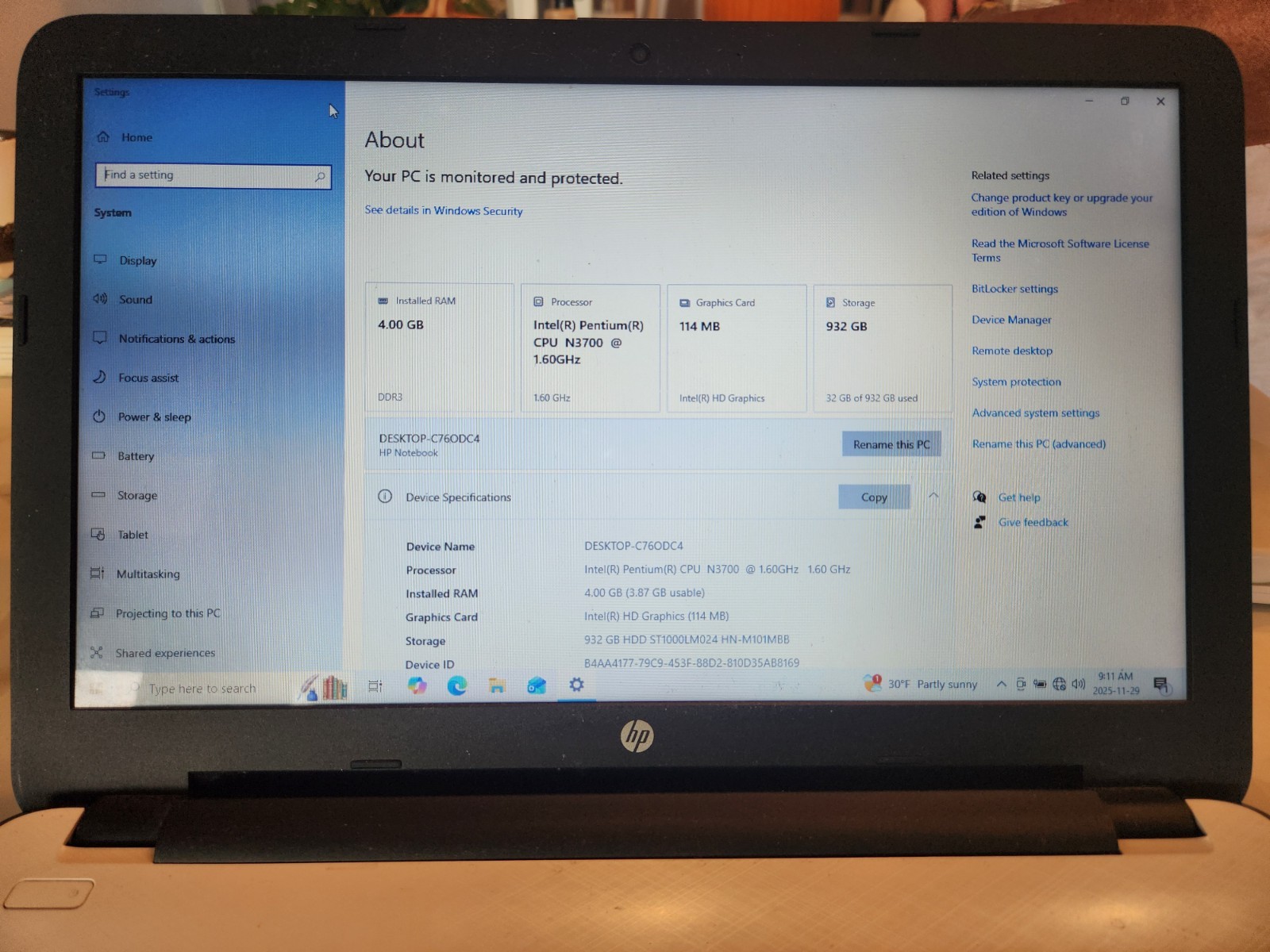 15.5″ HP Notebook 15-r254tu Intel Pentium N3700 1.60GHz 4GB DDR3 932 GB Win10Pro