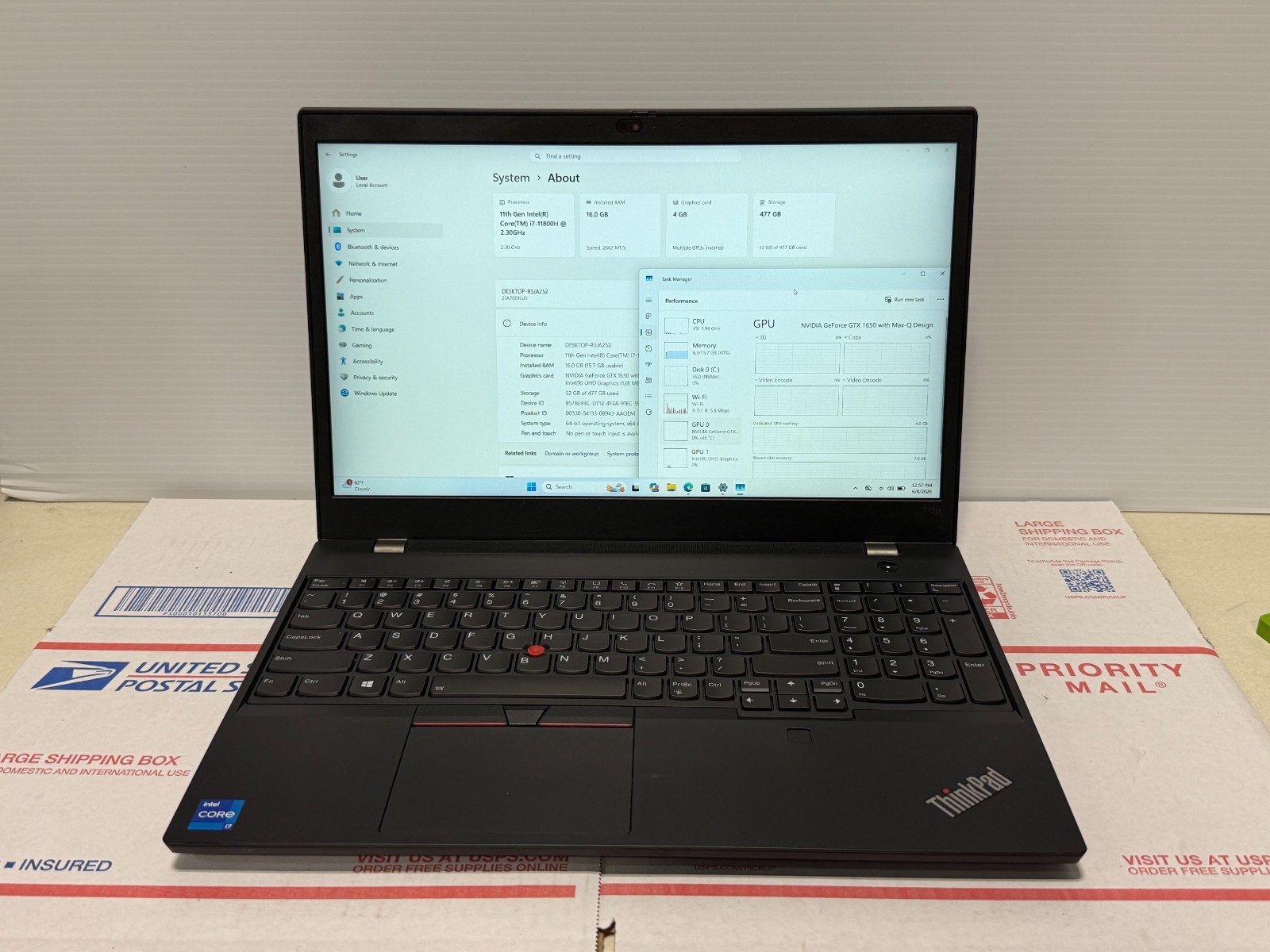 Lenovo ThinkPad T15p Gen 2 FHD i7-11800H 2.30GHz 16GB 512 SSD GTX 1650 Max-Q