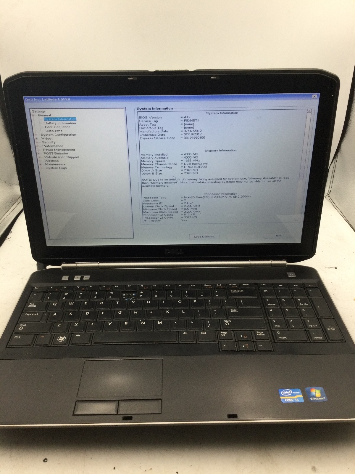 DELL LATITUDE E5520 – BOOTS TO BIOS – INTEL I3 2330 – 4GB RAM – 15″ – READ – BB!