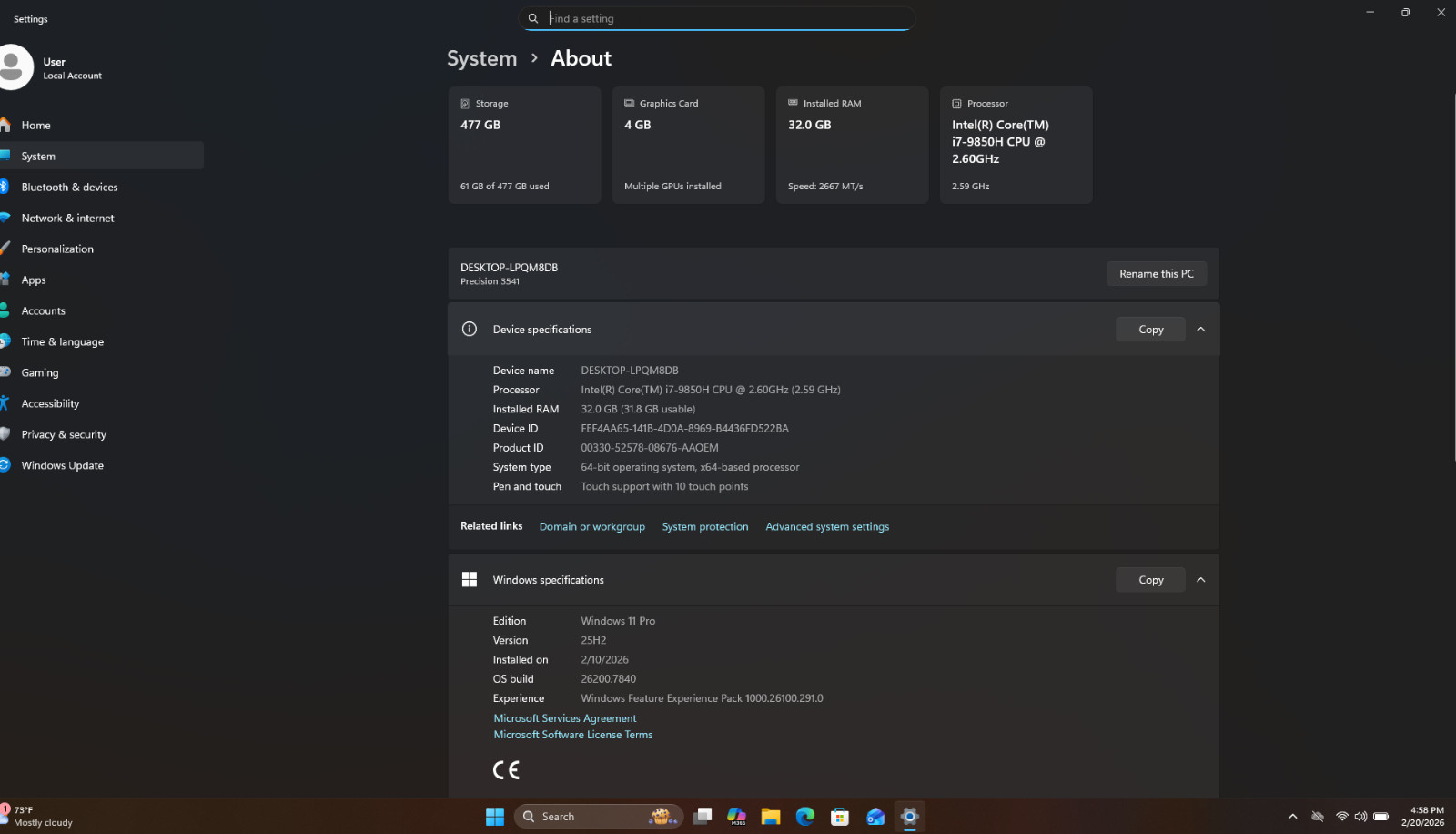 Dell Precision 3541 Mobile Workstation Intel(R) Core(TM)i7-9850H CPU @2.6 GHz 37