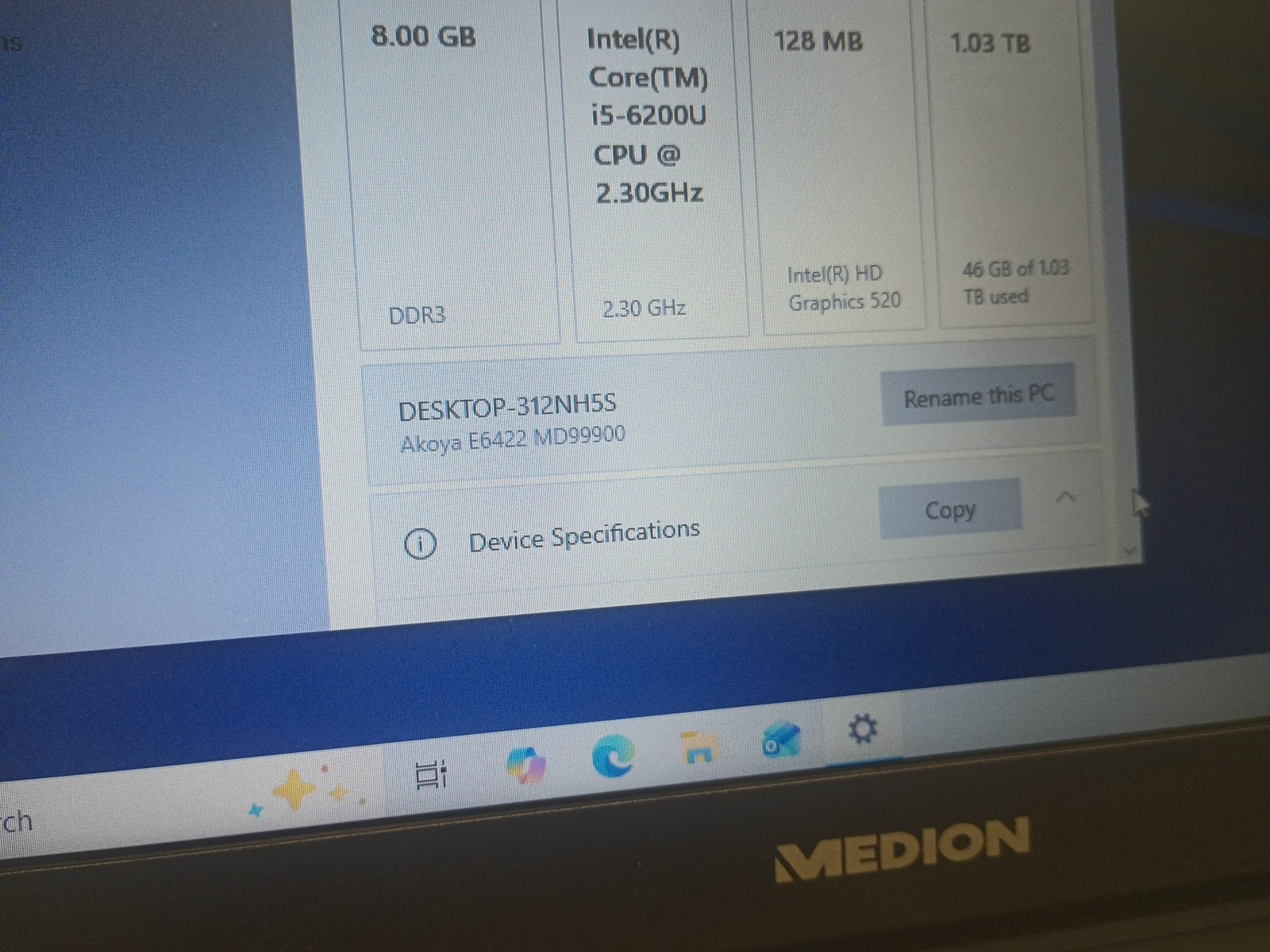 Medion Akoya E6422 i5-6200 CPU 2,30GHz 8GB 128GB HDD 1TB Windows 10 15.6″ Laptop