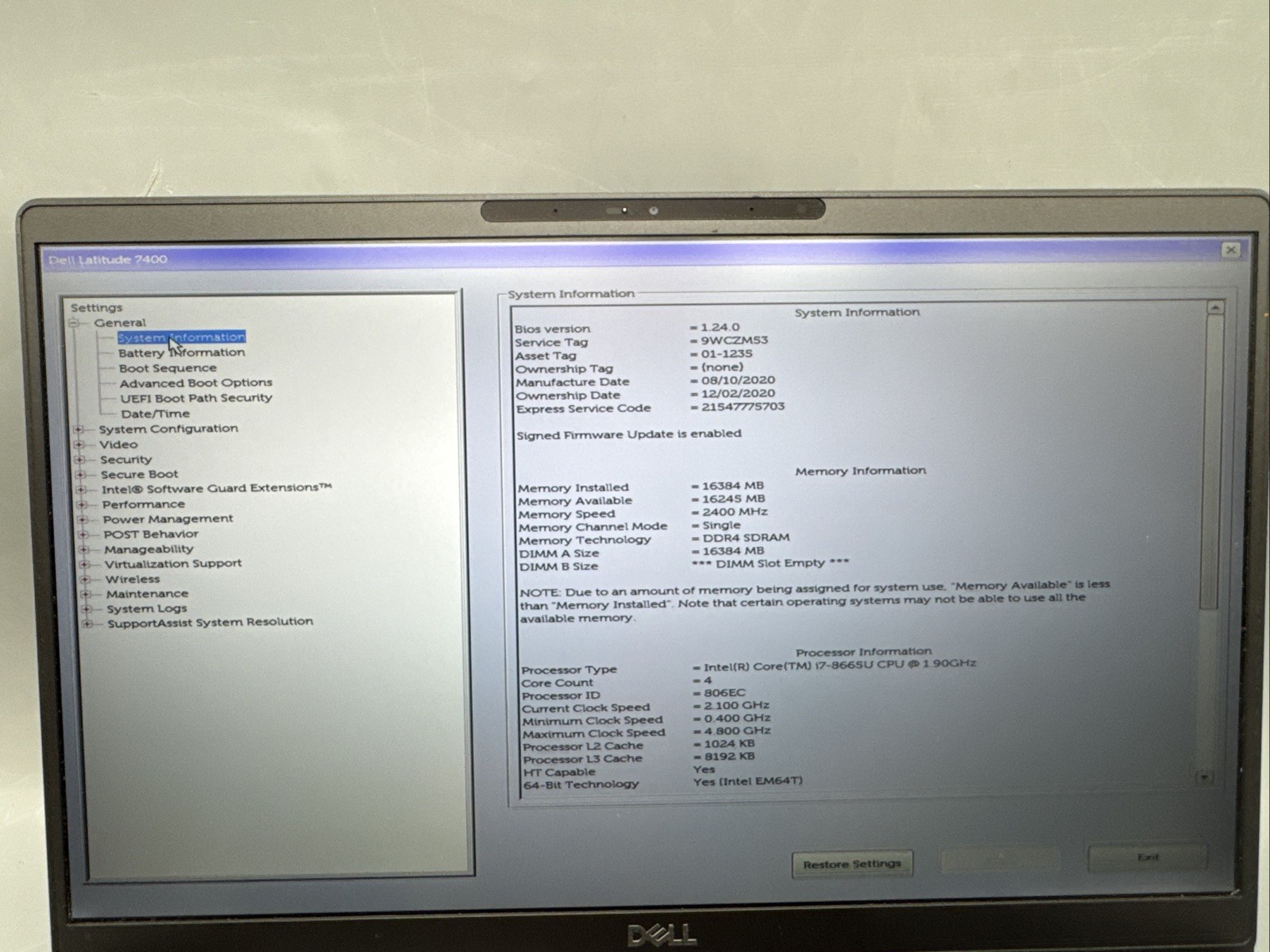 Dell Latitude 7400 14″ Core i7-8665U 1.9GHz 16GB RAM 256GB HD,NO OS