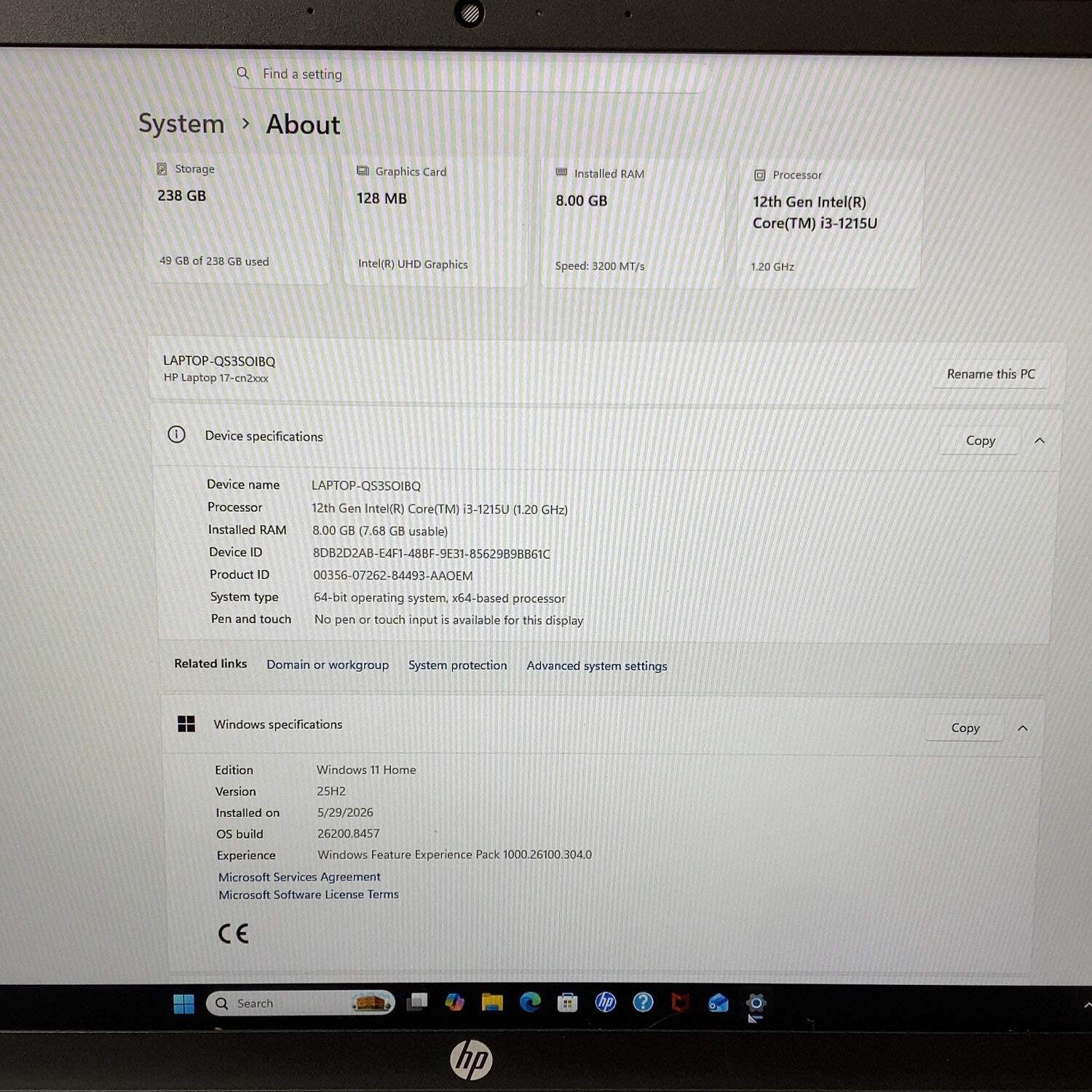 HP Laptop 17-CN2083DX 17.3″ i3-1215U 1.2GHz 8GB RAM 256GB SSD