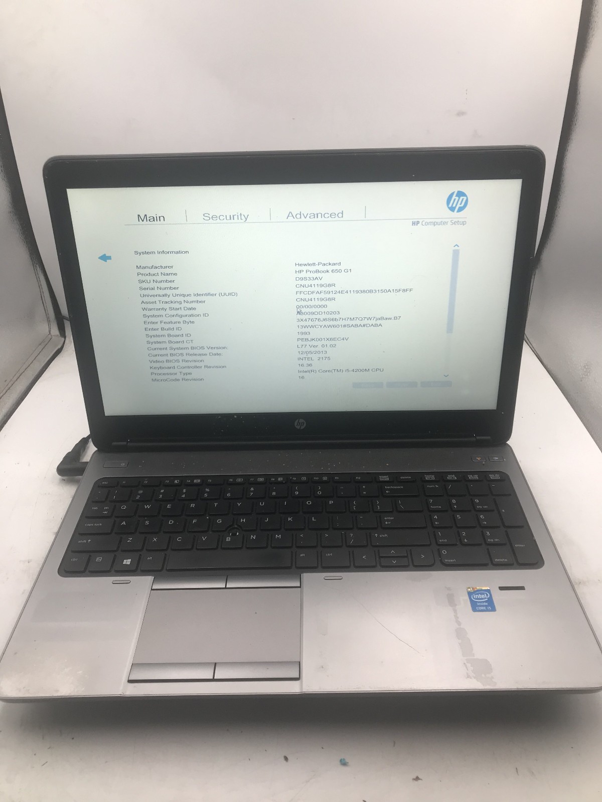 HP PROBOOK 650 G1 – BOOTS TO BIOS – INTEL I5 4200U – NO RAM – READ DESCRIP – BB!