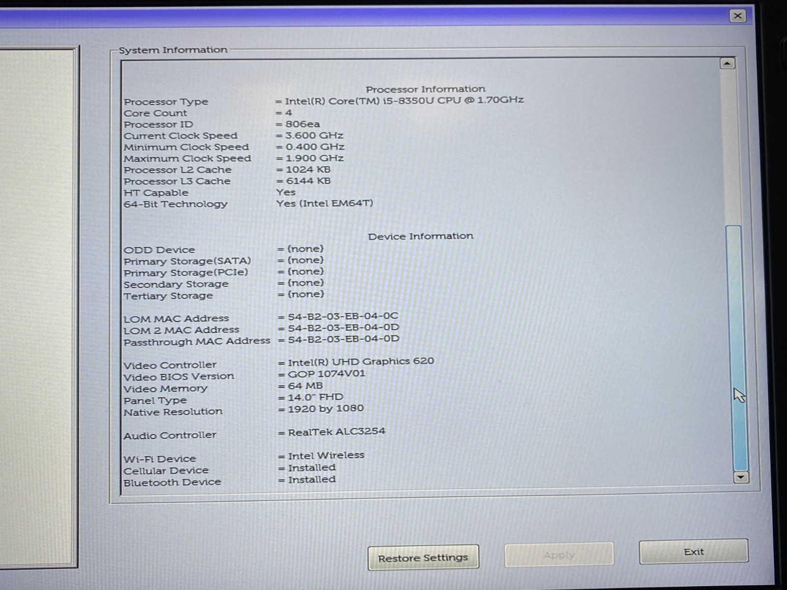 Dell Latitude 5420 Rugged 14″ Touchscreen i5-8350U 16GB RAM NO SSD Boots to Bios