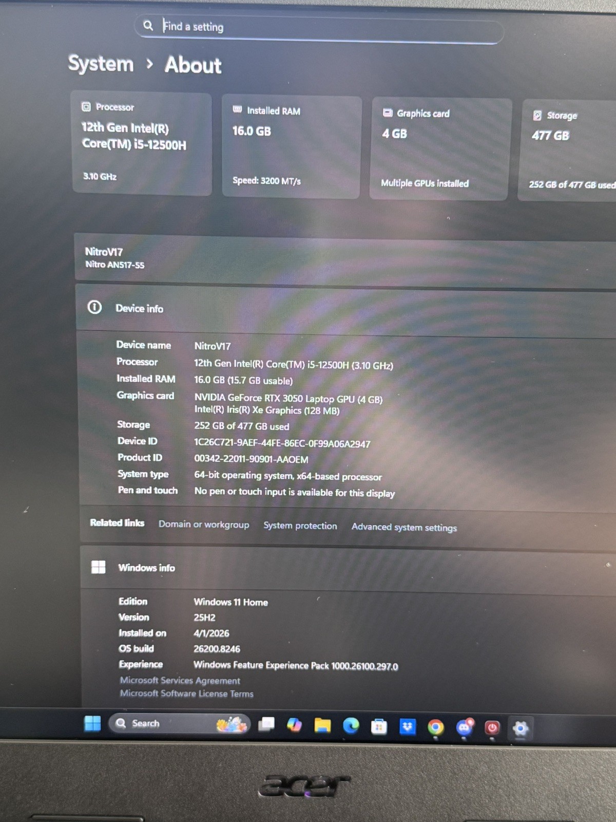 Acer Nitro 5 17.3 FHD 3.1 GHz i5-12500H 16GB 512GB SSD NVIDIA RTX 3050 Excellent